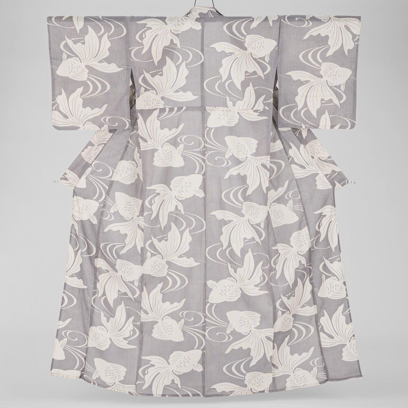 新品浴衣 綿麻 【金魚と波模様】気持ち良さそうに泳いでいる金魚★涼しげ♪ 新品浴衣 綿麻 金魚と水の輪 - からん::アンティーク着物