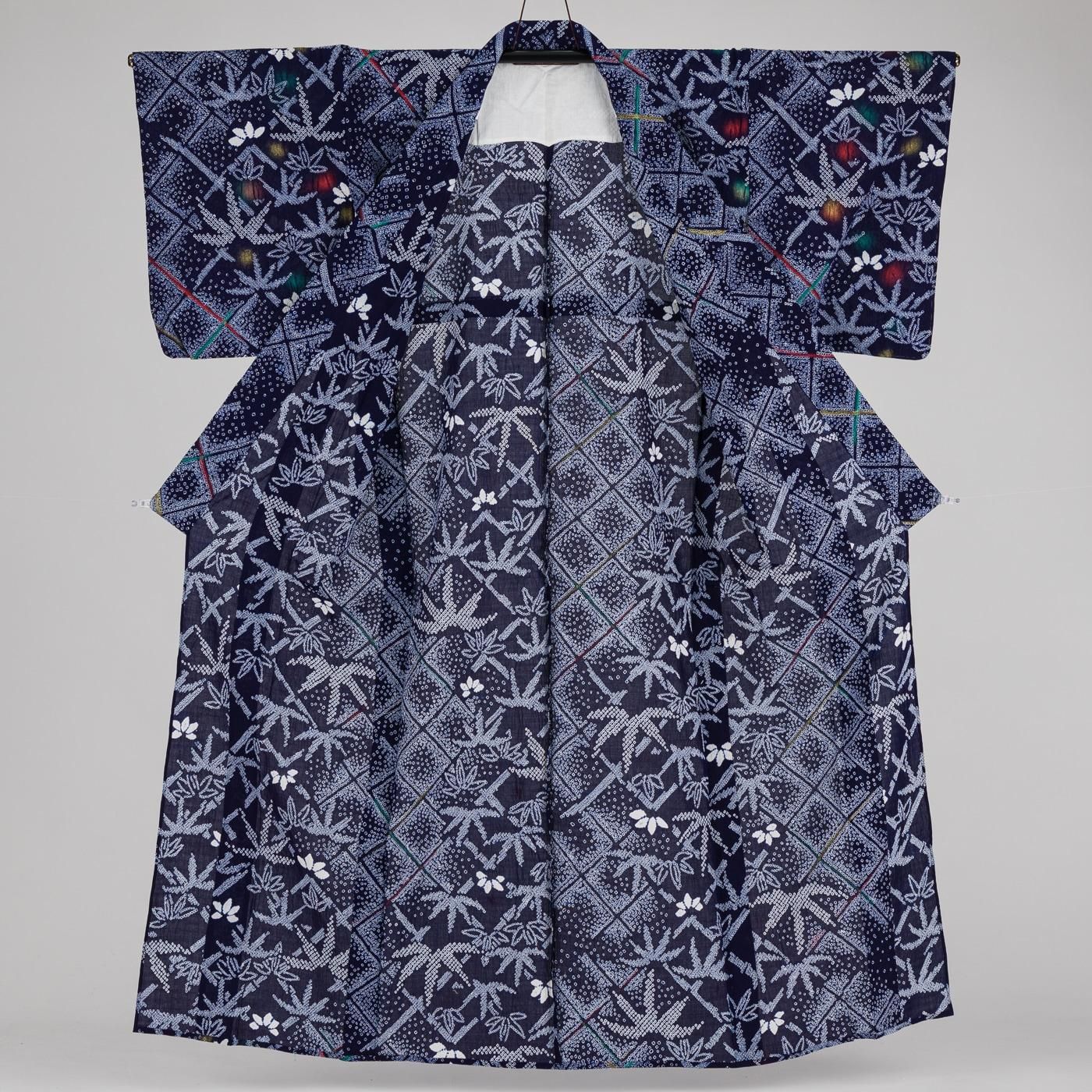 有松絞り浴衣 笹と格子 - からん::アンティーク着物・リサイクル