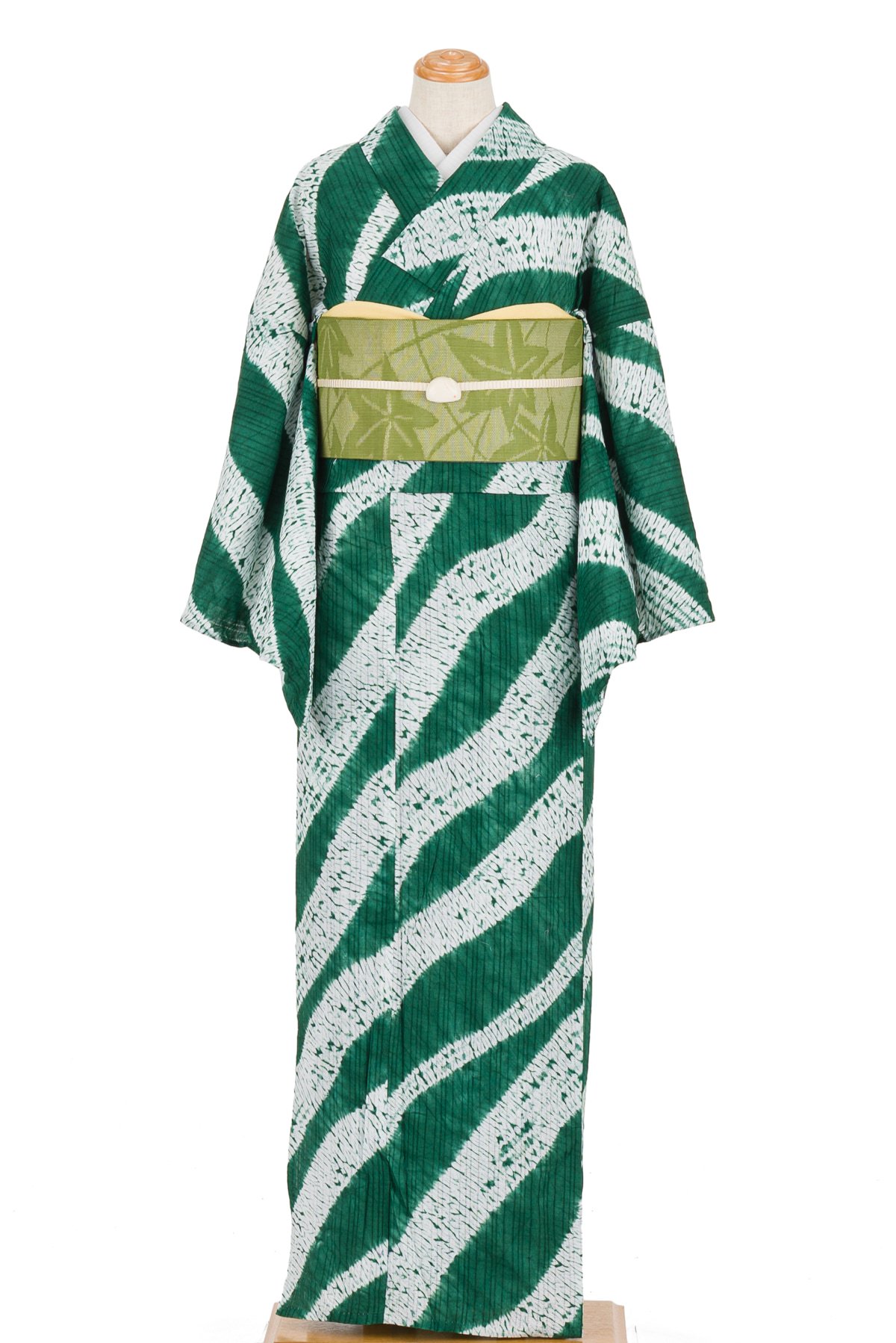 売り切れ】新品 有松絞り浴衣 緑の斜め縞 - からん::アンティーク着物