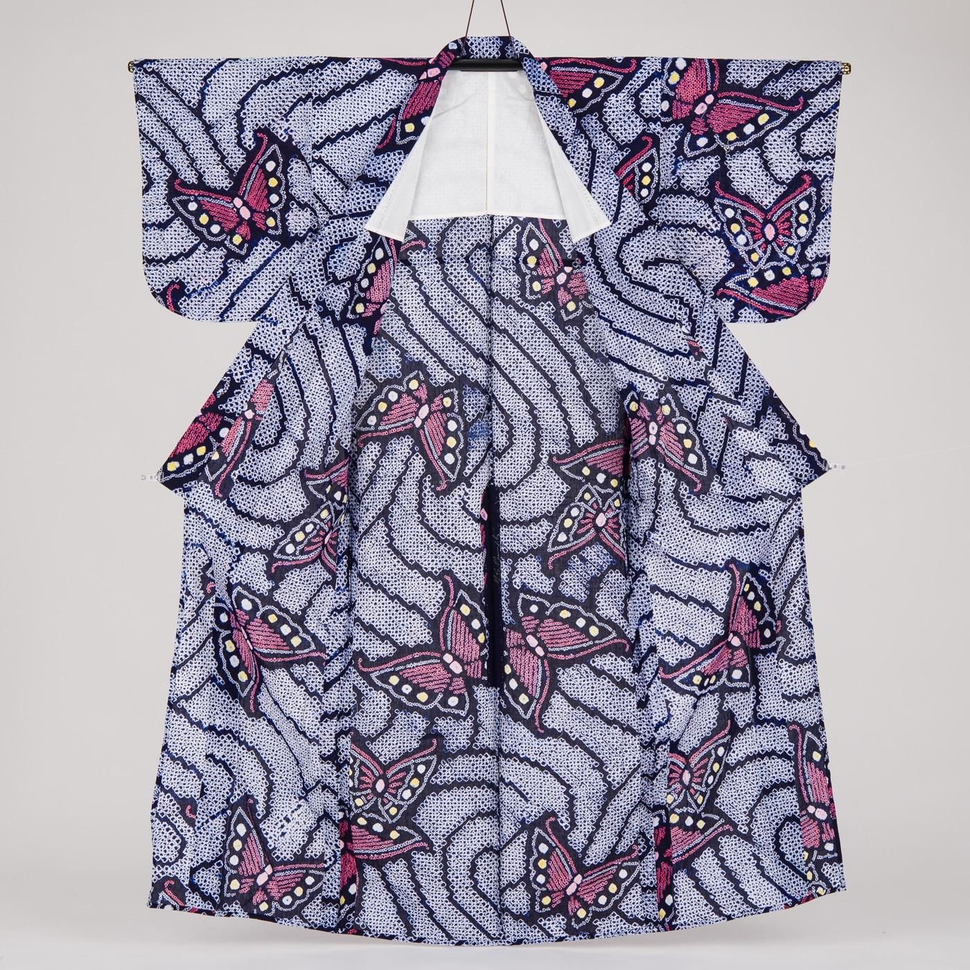 美品 浴衣 有松絞り バチ衿 黒 朱 アゲハ蝶 身丈154cm お洒落 綿