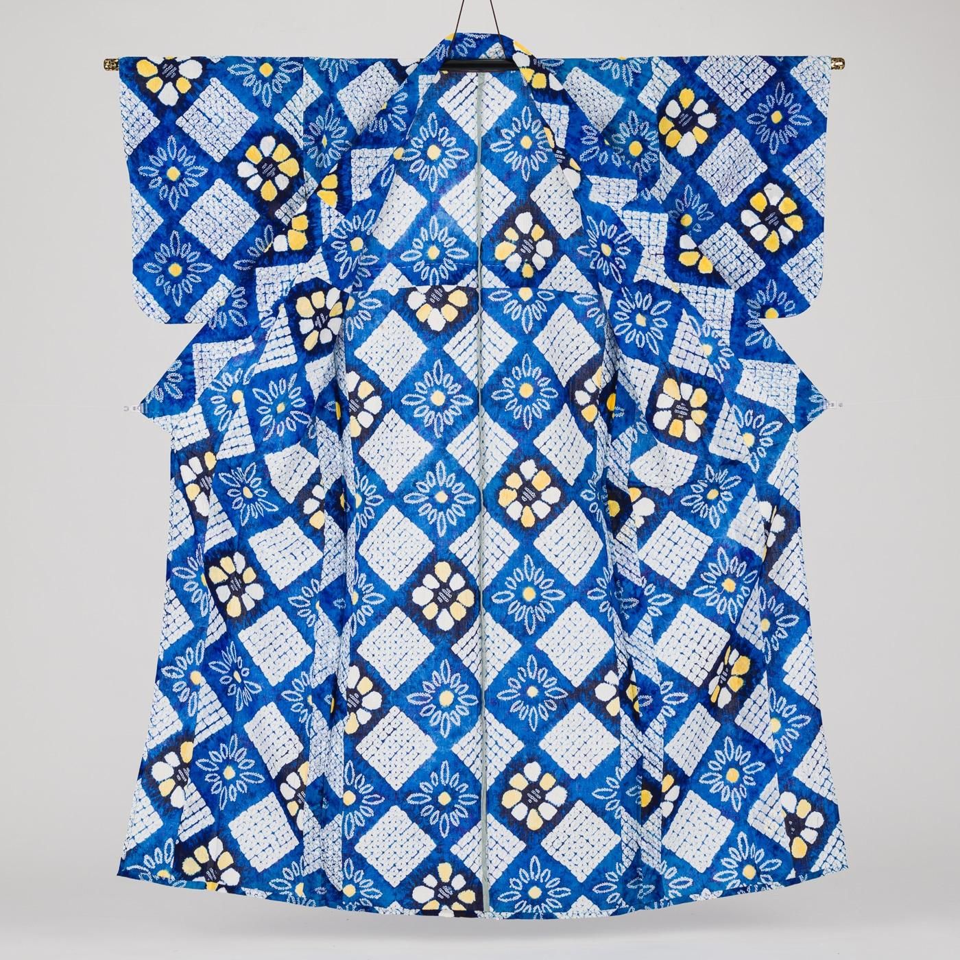 有松絞り　浴衣　絞り　花　H8　花火大会　祭り　注染　着物　藍染　アンティーク night parade＊有松鳴海絞り浴衣 花 黒 ハート A710 | kimono tento