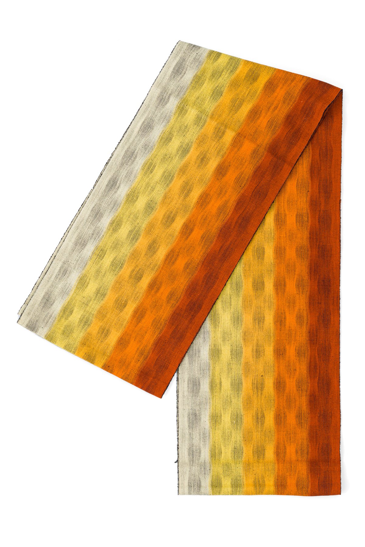 小紋H-286 袋帯 正絹 全通 紬 グラデーション 赤 オレンジ 黄 白