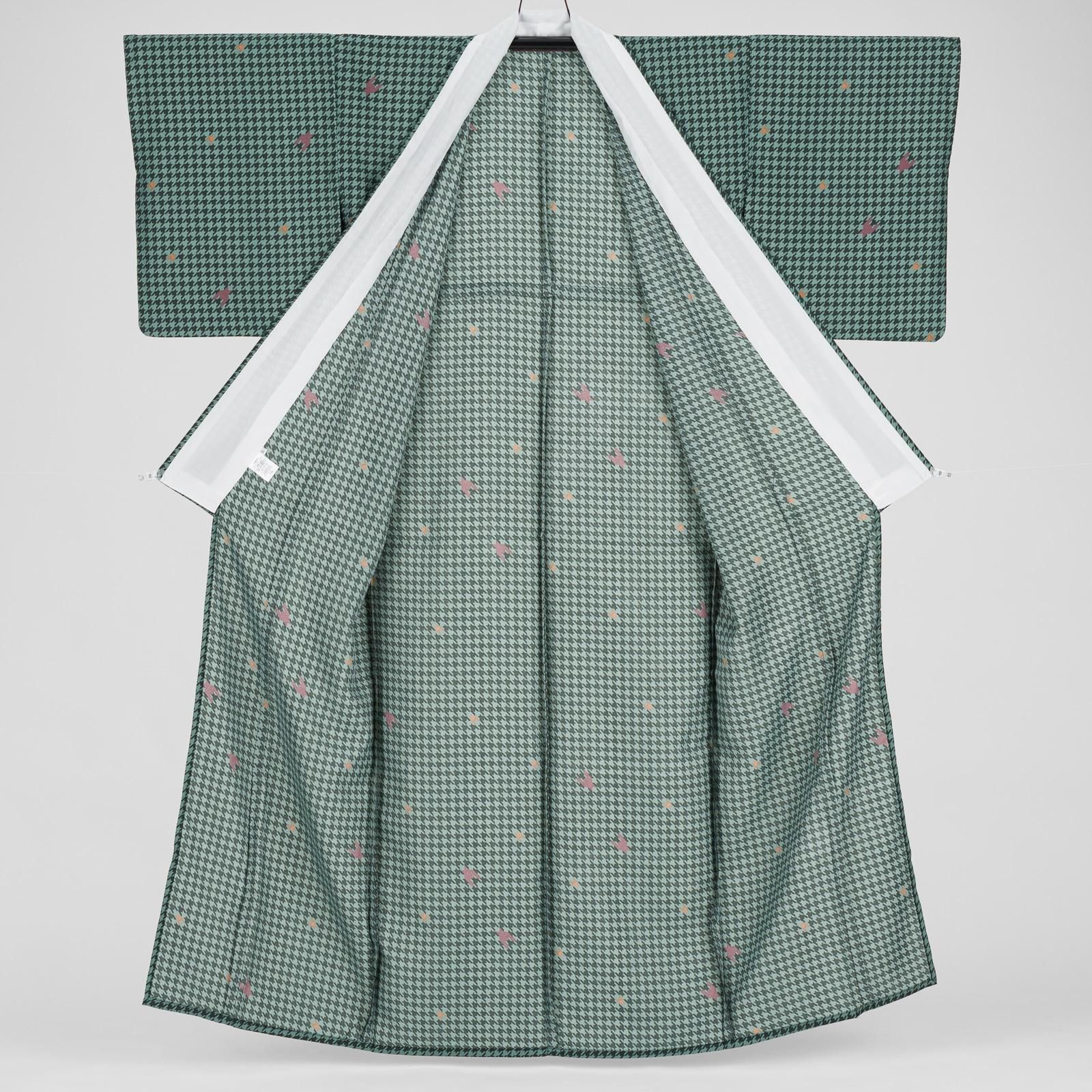 L】新品 単衣 洗える着物 千鳥格子 緑 - からん::アンティーク L】新品 単衣 洗える着物 千鳥格子 緑 - からん::アンティーク