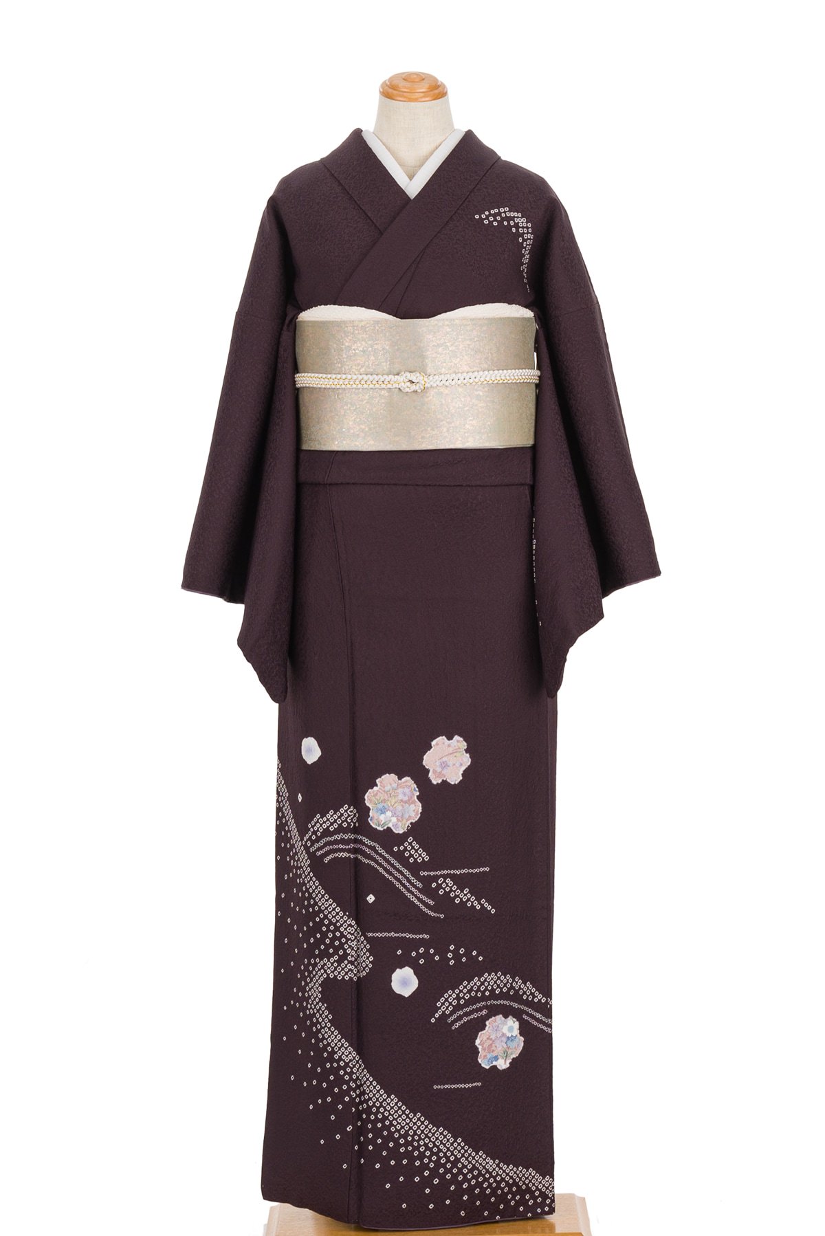 深い紫色に桜吹雪、刺繍を交えた付け下げ 着物 - 着物