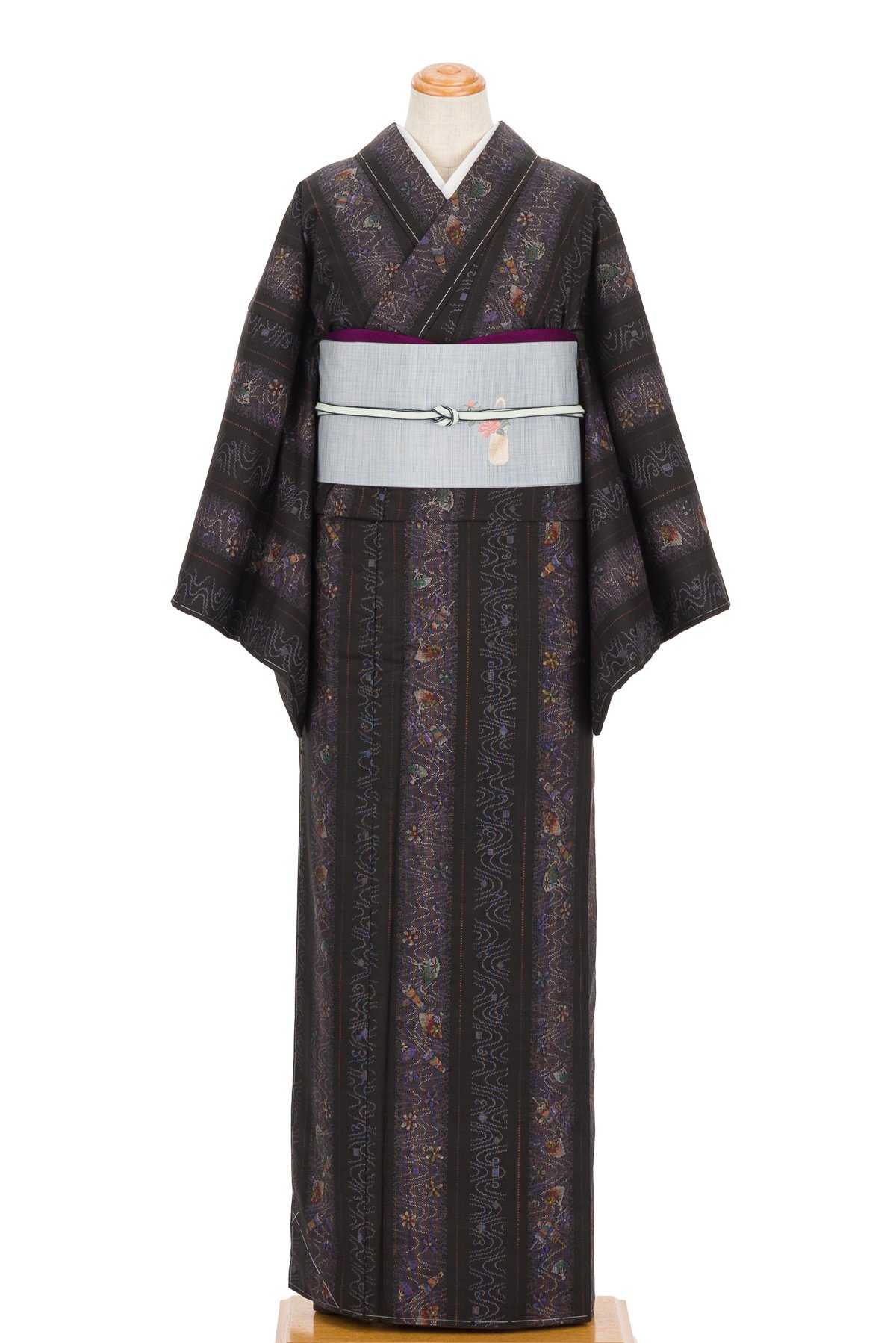 大島紬 縞に番傘模様 - からん::アンティーク着物・リサイクル着物の