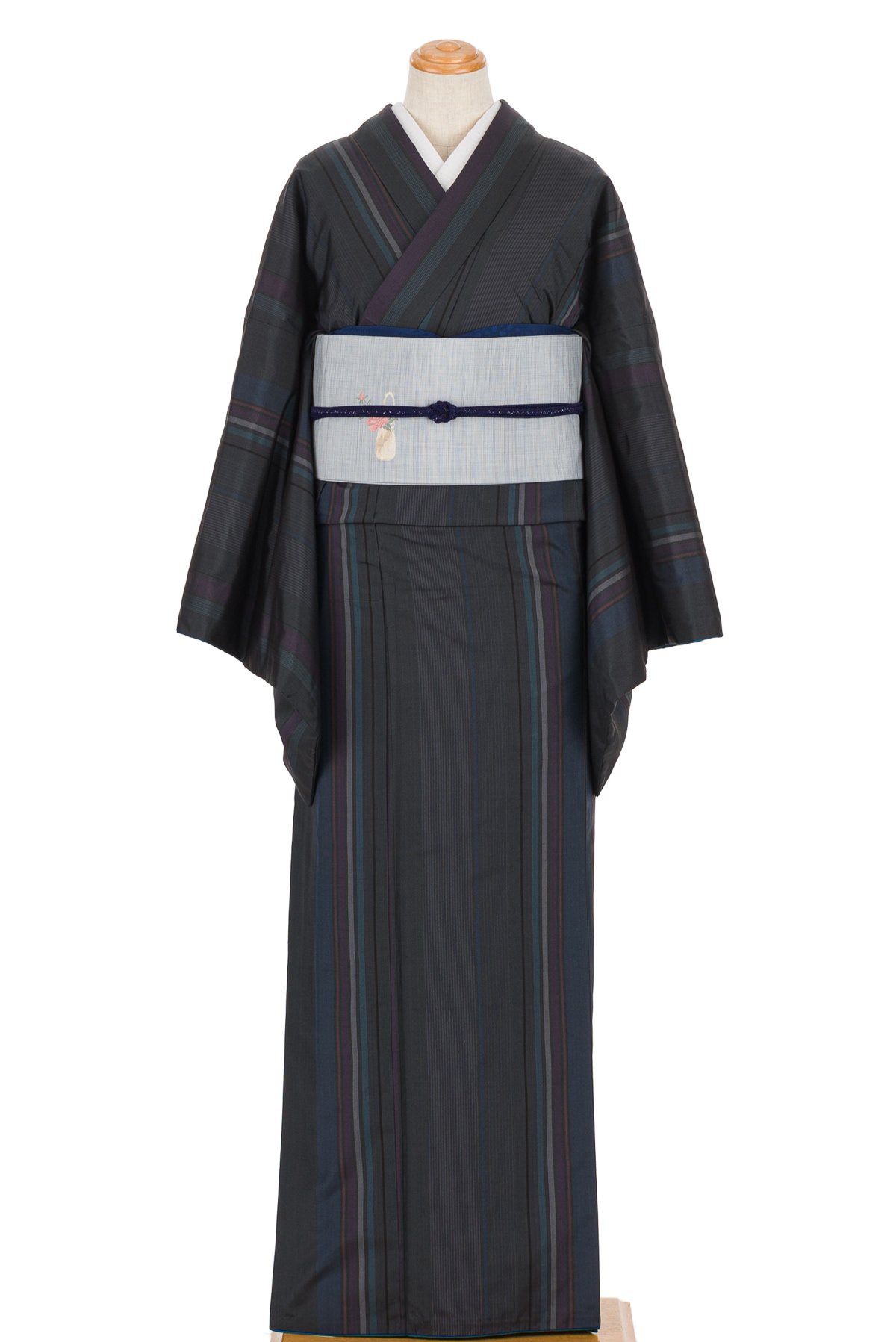 大島紬 藤絹織物 紺地 縞模様 裄長 - からん::アンティーク着物 