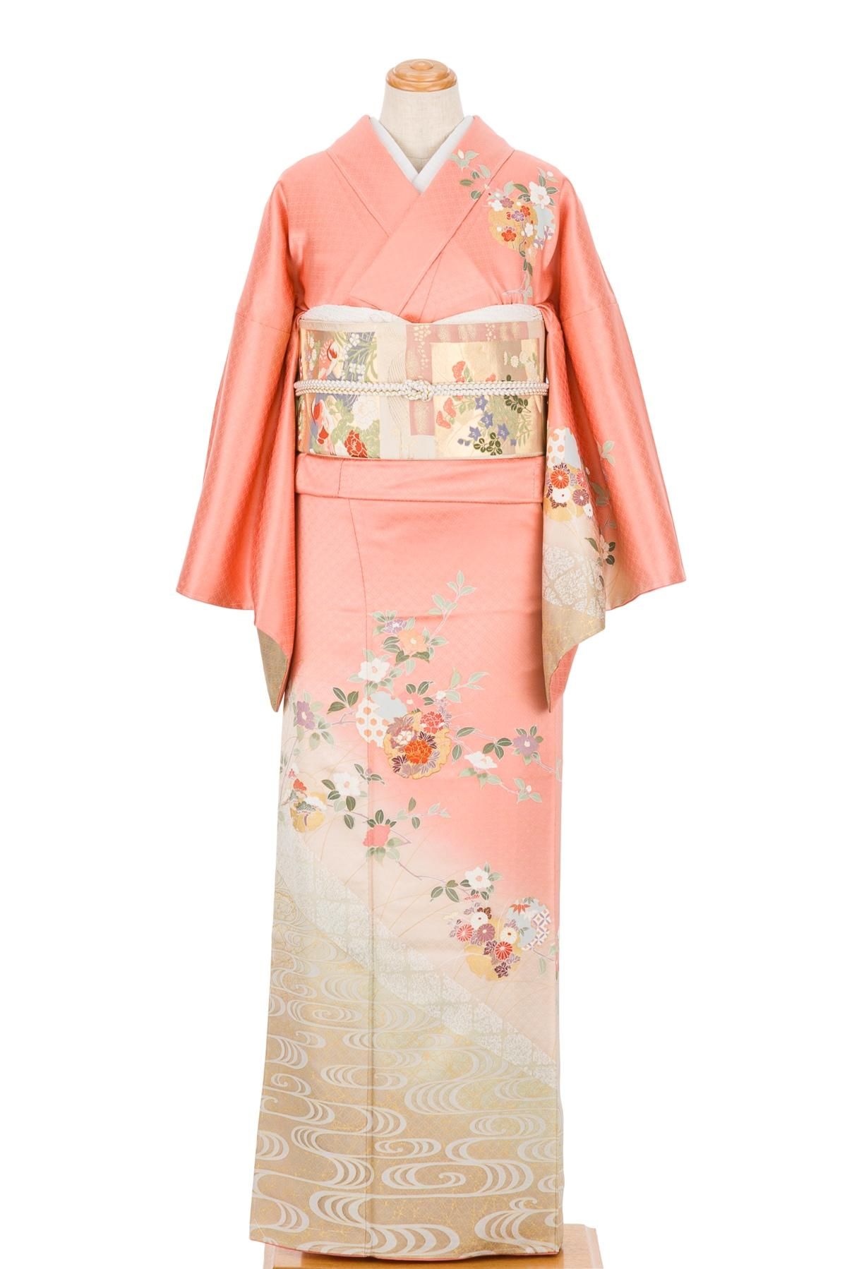 訪問着 雪輪に花 観世水 - からん::アンティーク着物・リサイクル着物