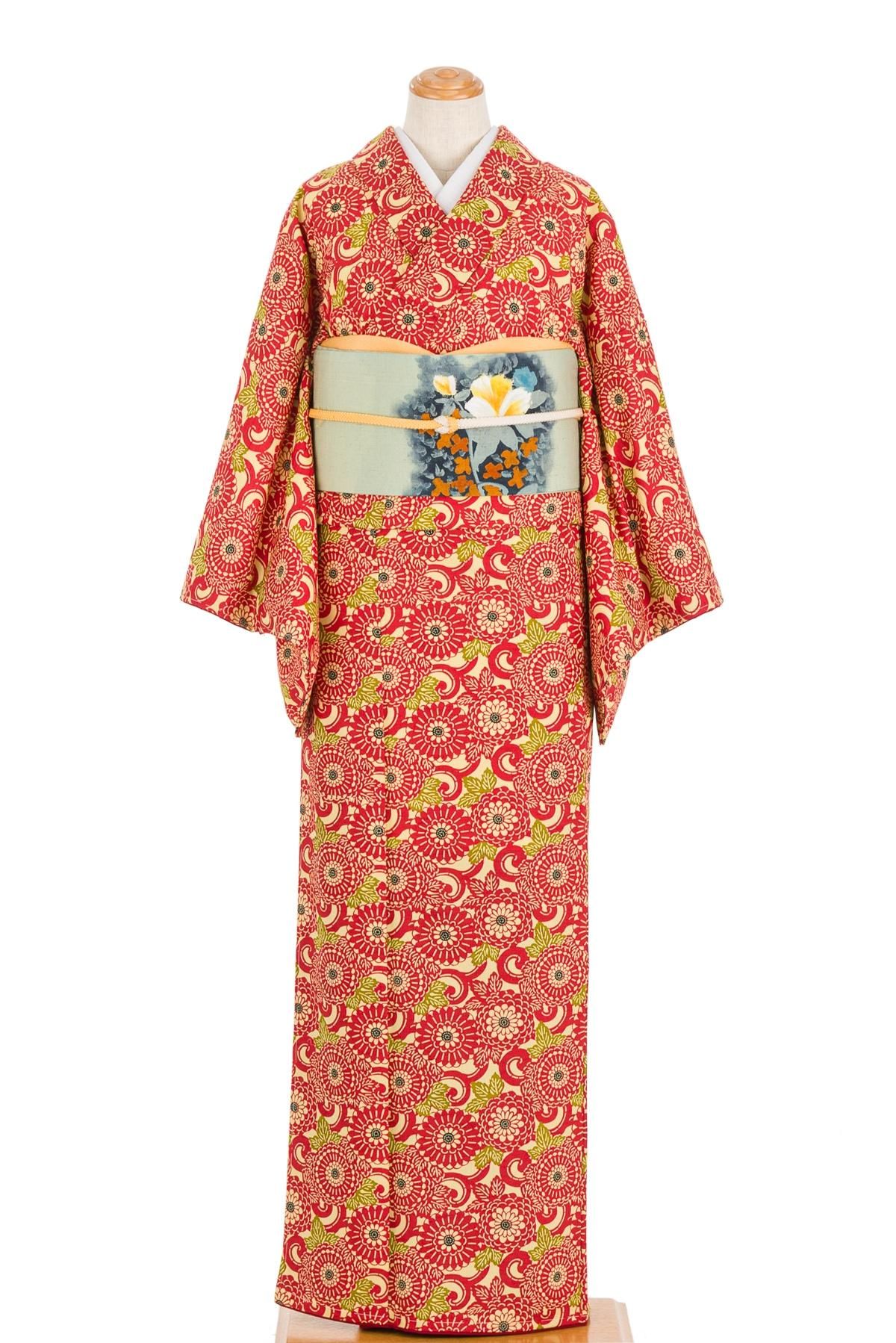 袷ウール○菊唐草 - からん::アンティーク着物・リサイクル着物の通販