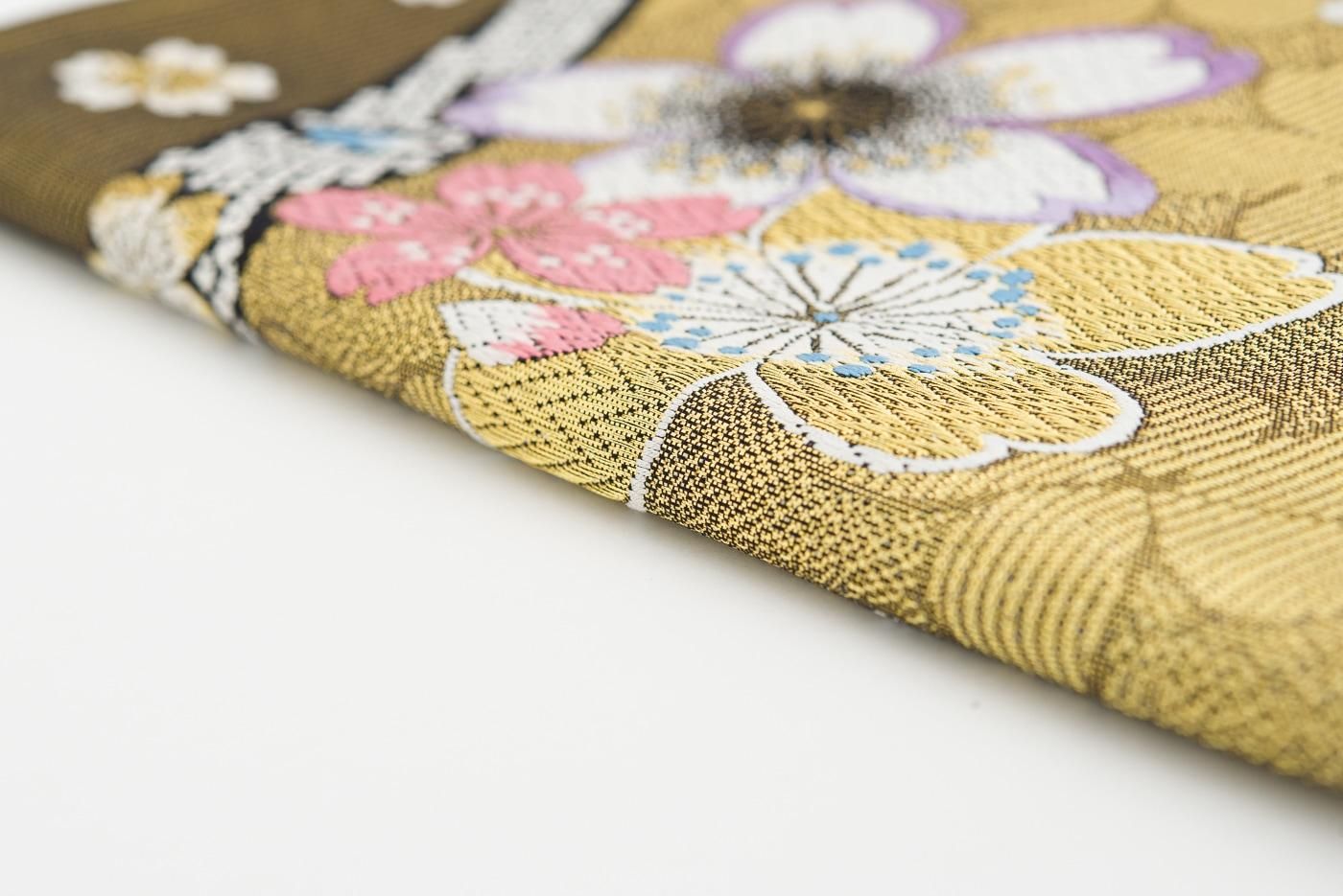 袋帯　墨流し　流線　くすみグリーン　着物　062a p 緑色のグラデーションに墨流しの洒落帯 全通 袋帯 着物