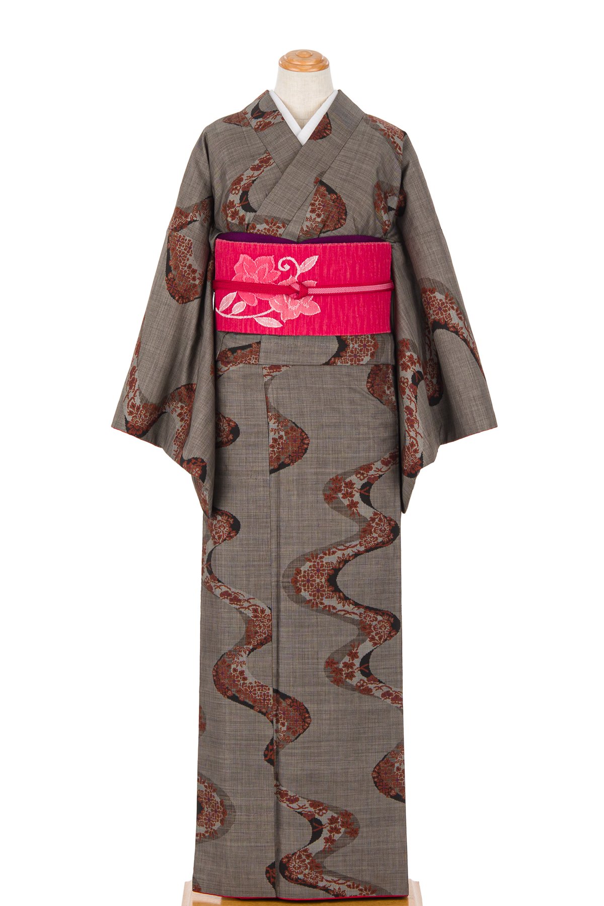 大島紬着物 正絹 流水に草花 着物 antique kimono A-0312