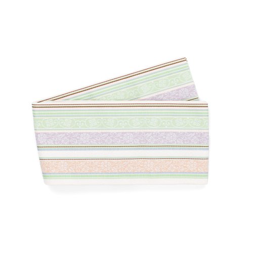 博多小袋帯　パステルカラーの縞　薄緑　菫　桃のサムネイル画像