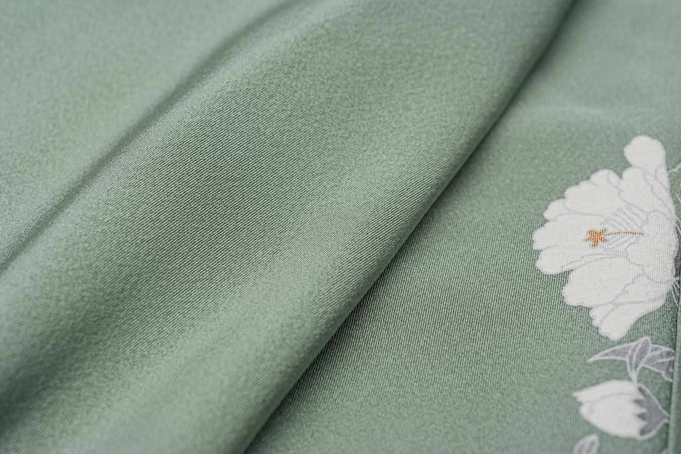 値下げ～単衣訪問着・牡丹と菊・スモークグリーン・１１号・正絹・美品　M‐32 値下げ～単衣訪問着・牡丹と菊・スモークグリーン・11号・正絹