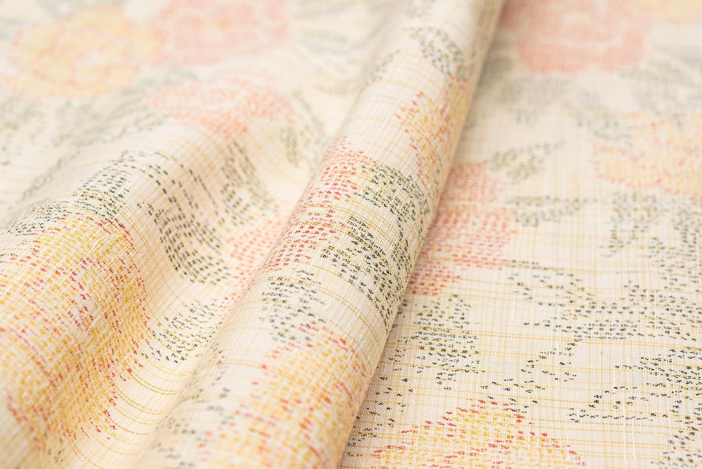 スミレ様2点まとめ　紬(単衣)　(流水に花紋様　黄色系×グレー色系) 銀座【D-2183】（S）単衣 紬地 紅型染 小紋 薄縹色 梅や鶴など