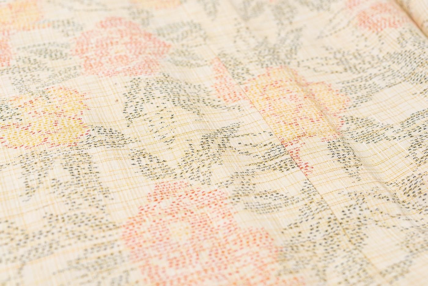 スミレ様2点まとめ　紬(単衣)　(流水に花紋様　黄色系×グレー色系) 単衣 紬 二色の花 - からん::アンティーク着物・リサイクル着物