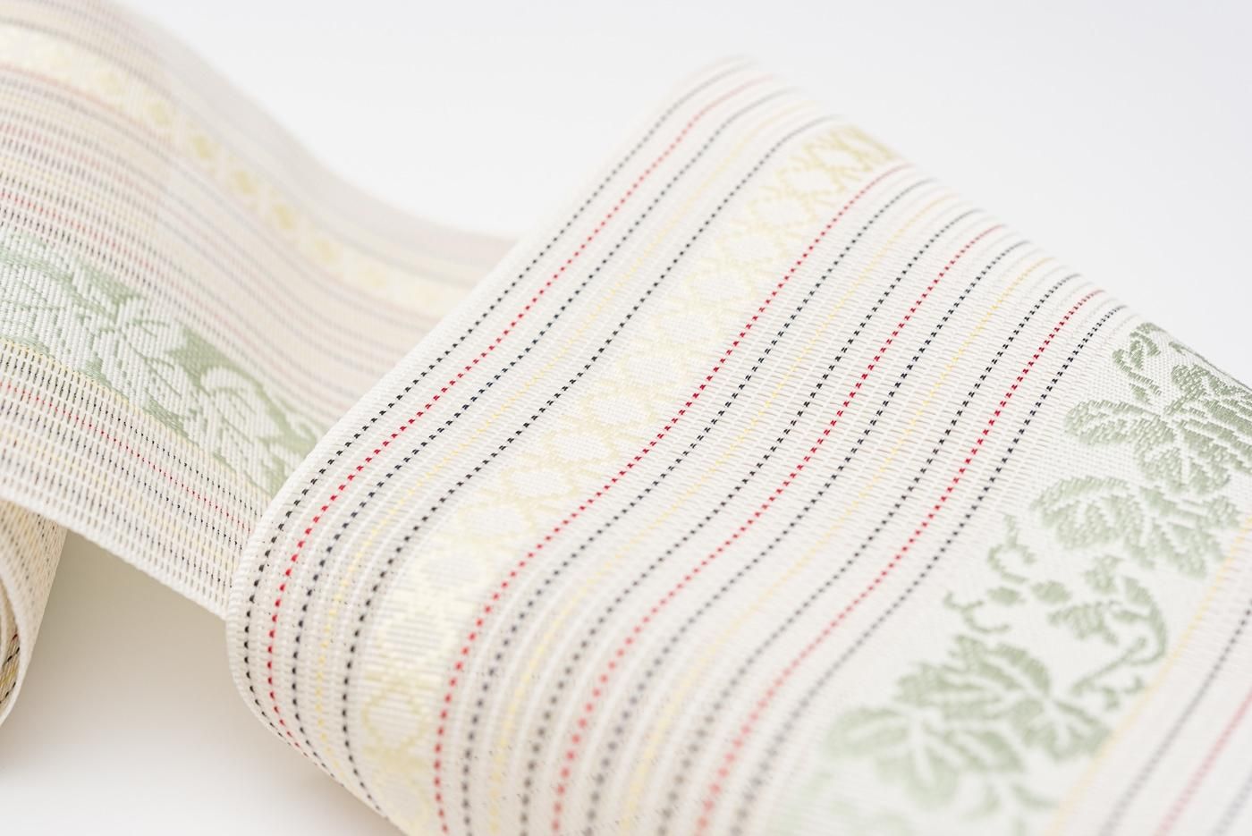 新品 本場筑前博多織 紗四寸帯 白 薄緑の蔓葡萄 - からん