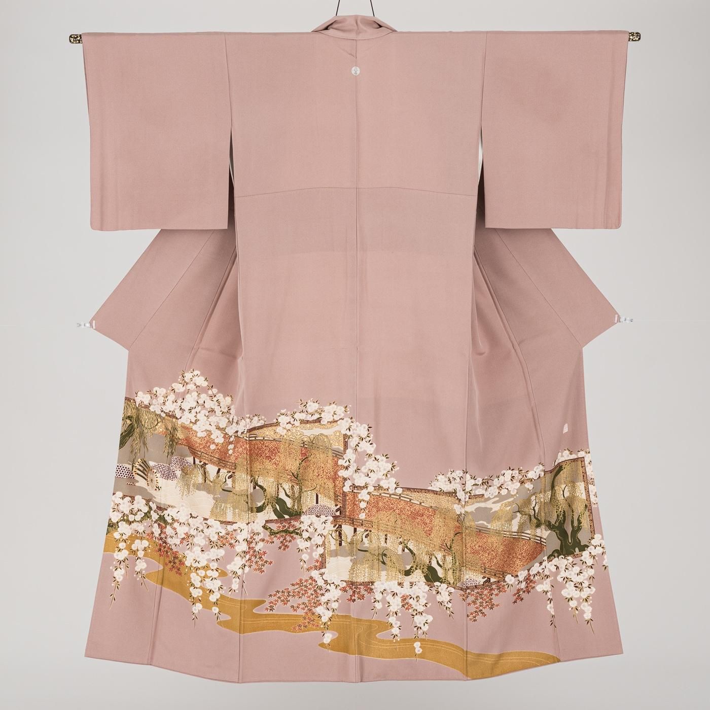 色留袖 一つ紋 桜と柳 波に槌車 スリムサイズ - からん::アンティーク