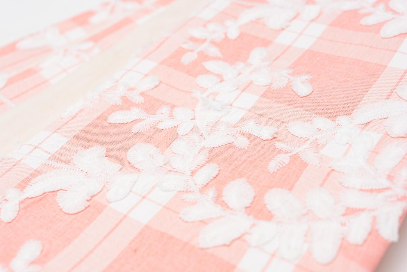 新品 半幅帯 刺繍 葉模様 ピンクオレンジ - からん::アンティーク着物