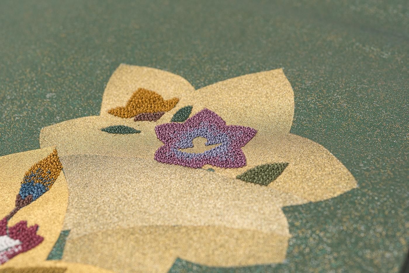 未着用　名古屋帯　紬　相良刺繍　花模様　着物　042a p 相良刺繍 花模様 - からん::アンティーク着物・リサイクル着物の