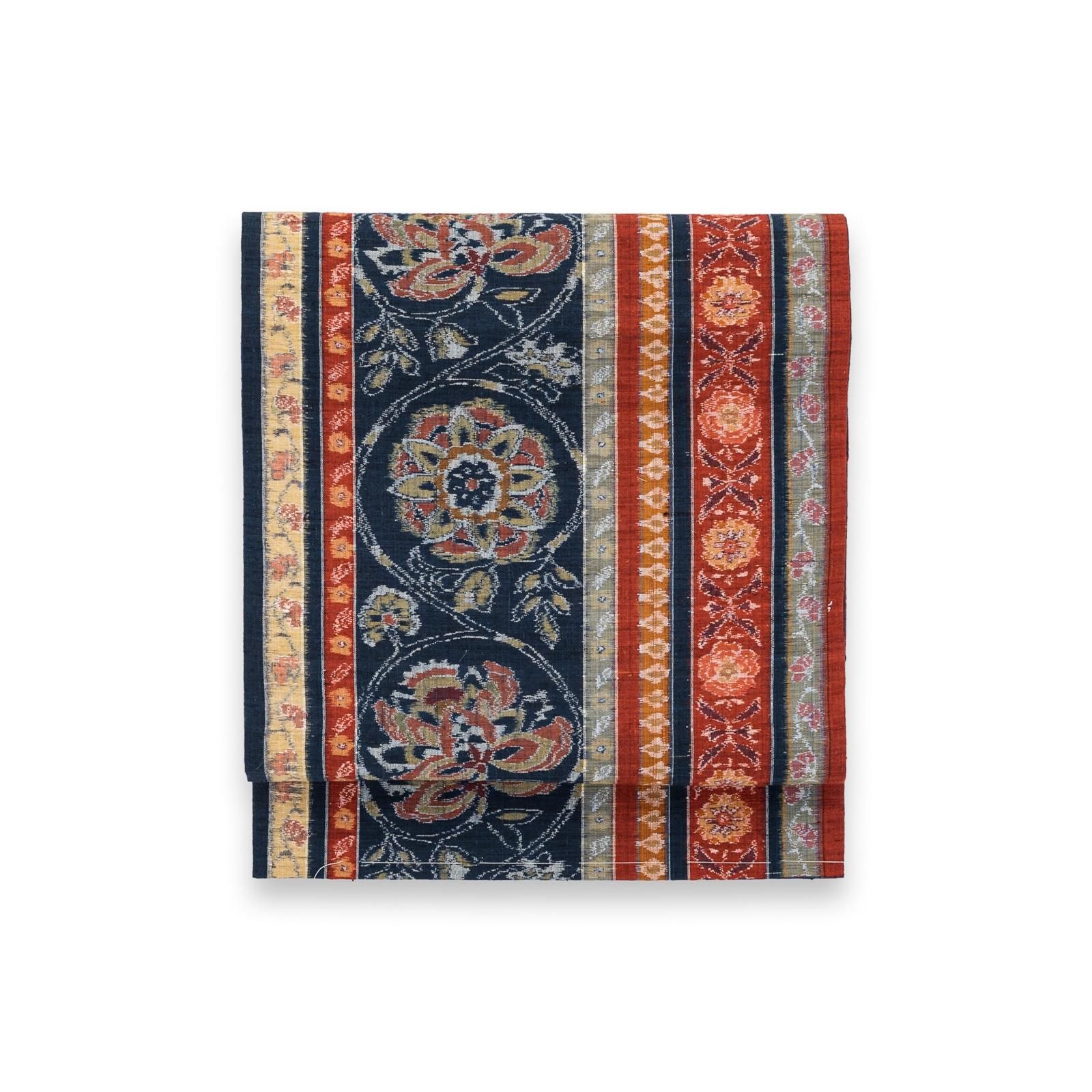 紬 縞に唐花模様 - からん::アンティーク着物・リサイクル着物の