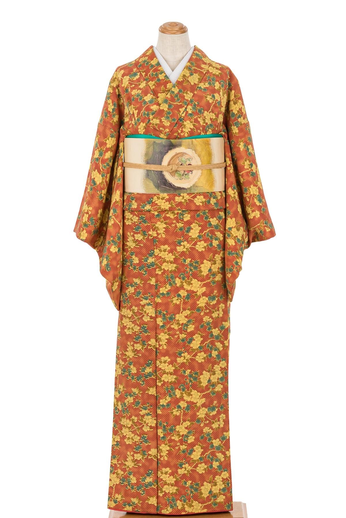 ピンクオレンジ 十字絣と花模様 - からん::アンティーク着物