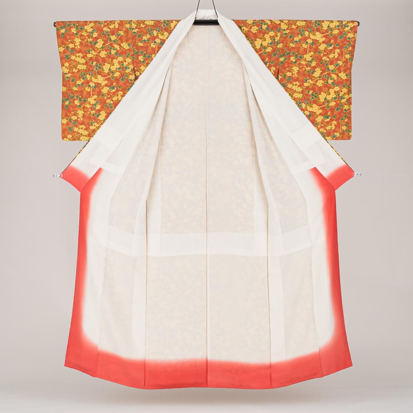 ピンクオレンジ 十字絣と花模様 - からん::アンティーク着物