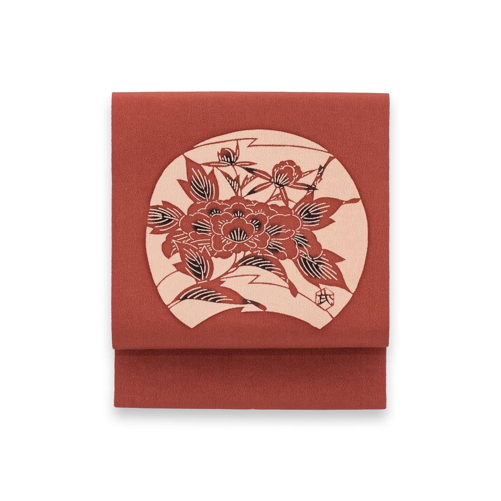 縮緬 月に牡丹 草木染め 作家物 - からん::アンティーク着物