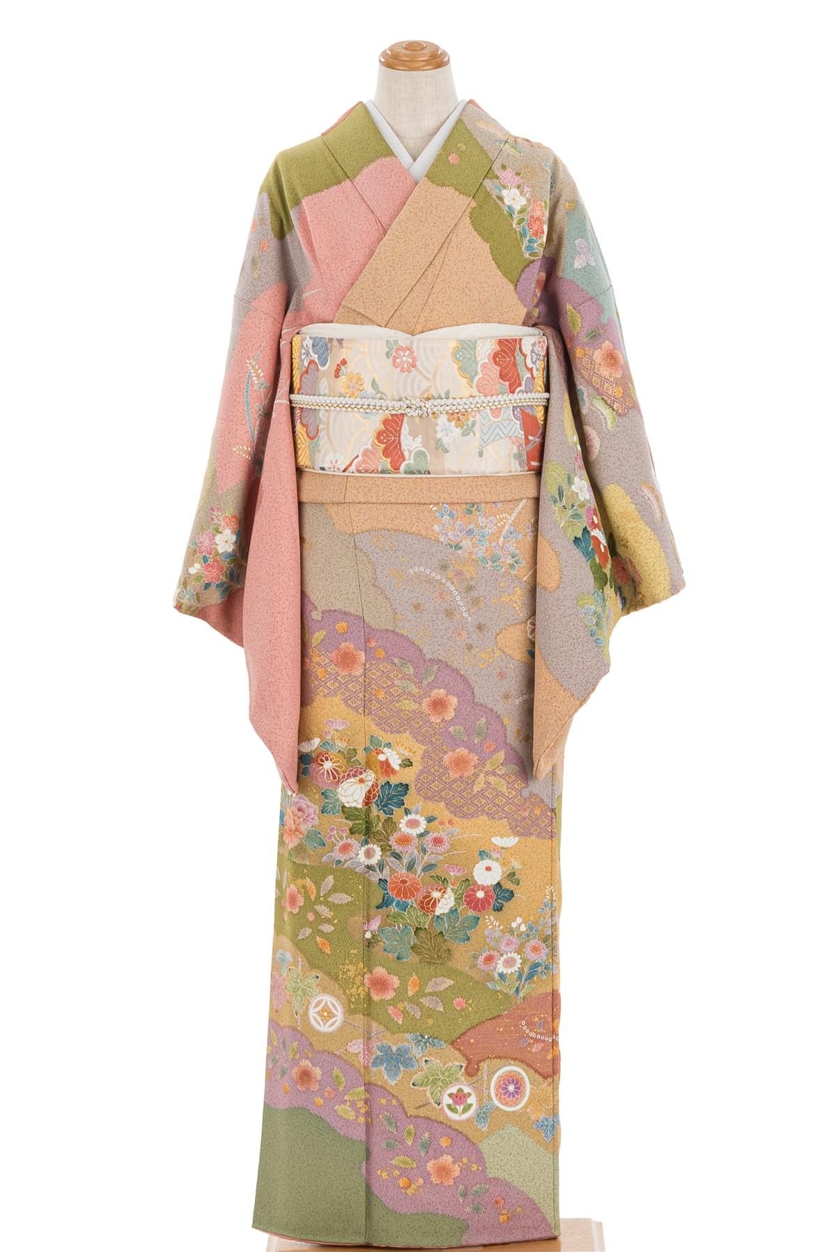 訪問着 雲取りに花模様 作家物 - からん::アンティーク着物