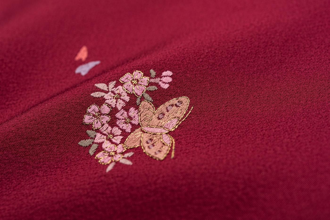 名古屋帯　刺繍　小鳥　チェリー　蝶　着物　112a o 夏帯 名古屋帯 蝶の刺繍 オレンジ（夏 半幅帯「藤色 蝶」四寸帯