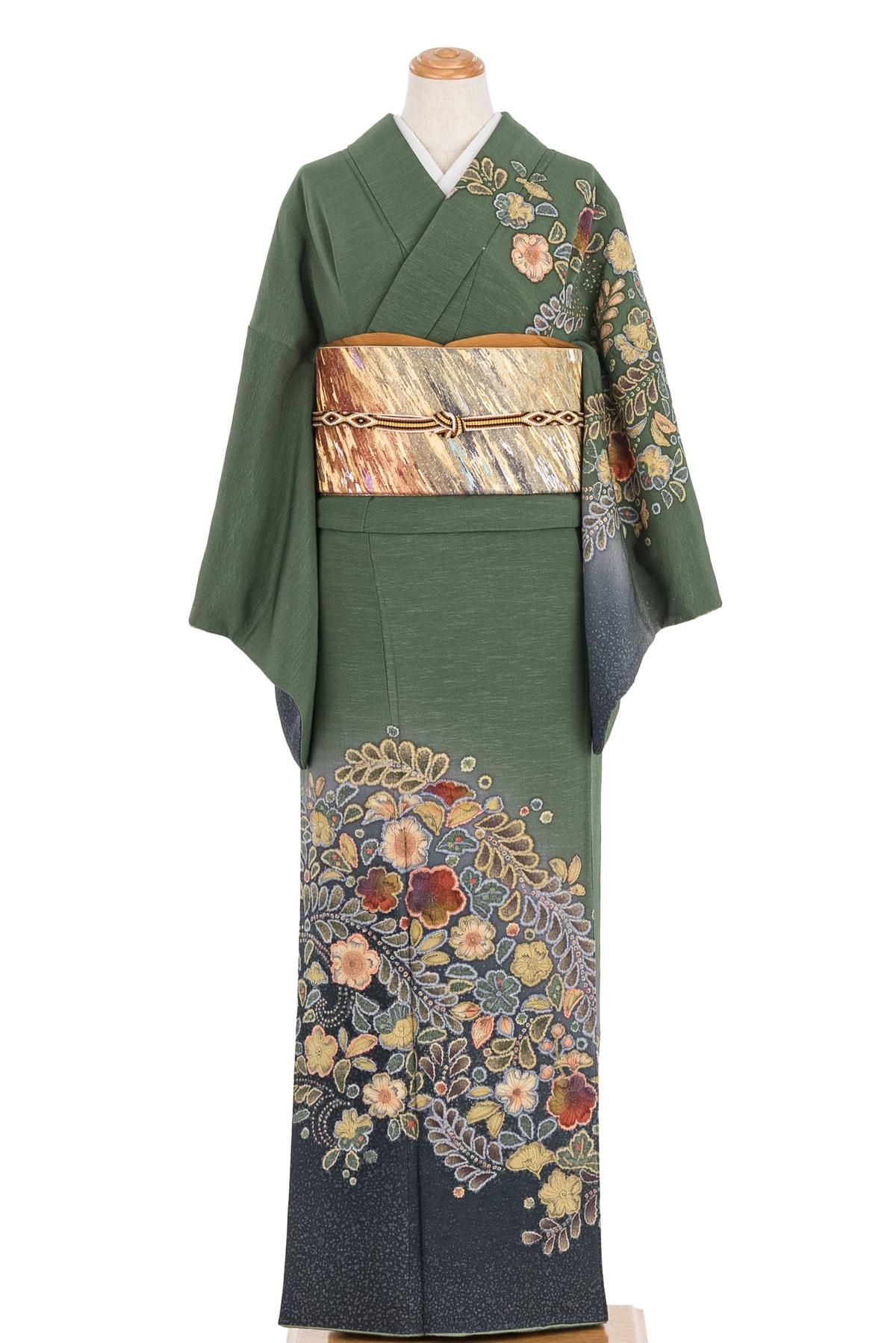 訪問着 緑色 辻が花模様 作家物 - からん::アンティーク着物