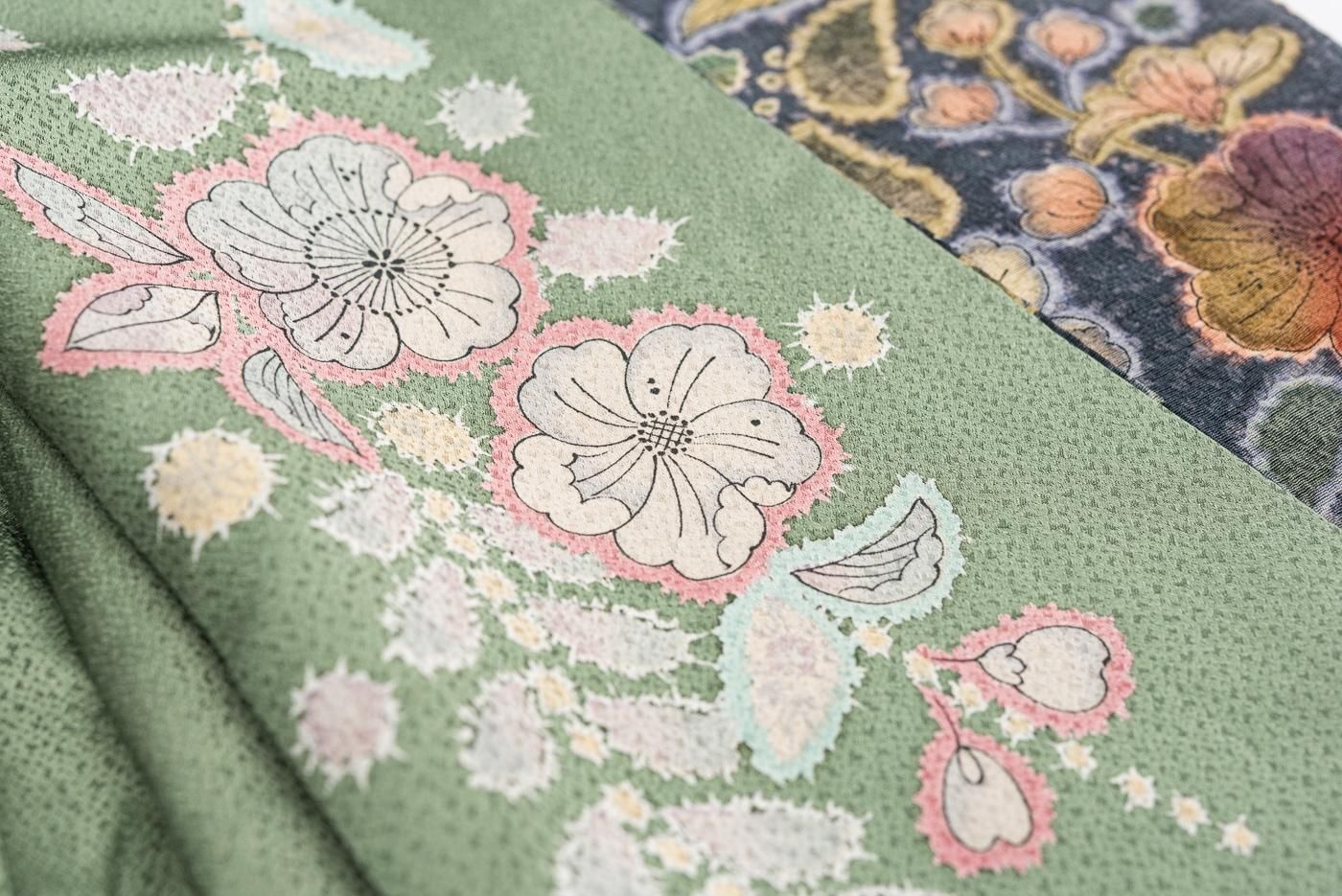 訪問着 緑色 辻が花模様 作家物 - からん::アンティーク着物