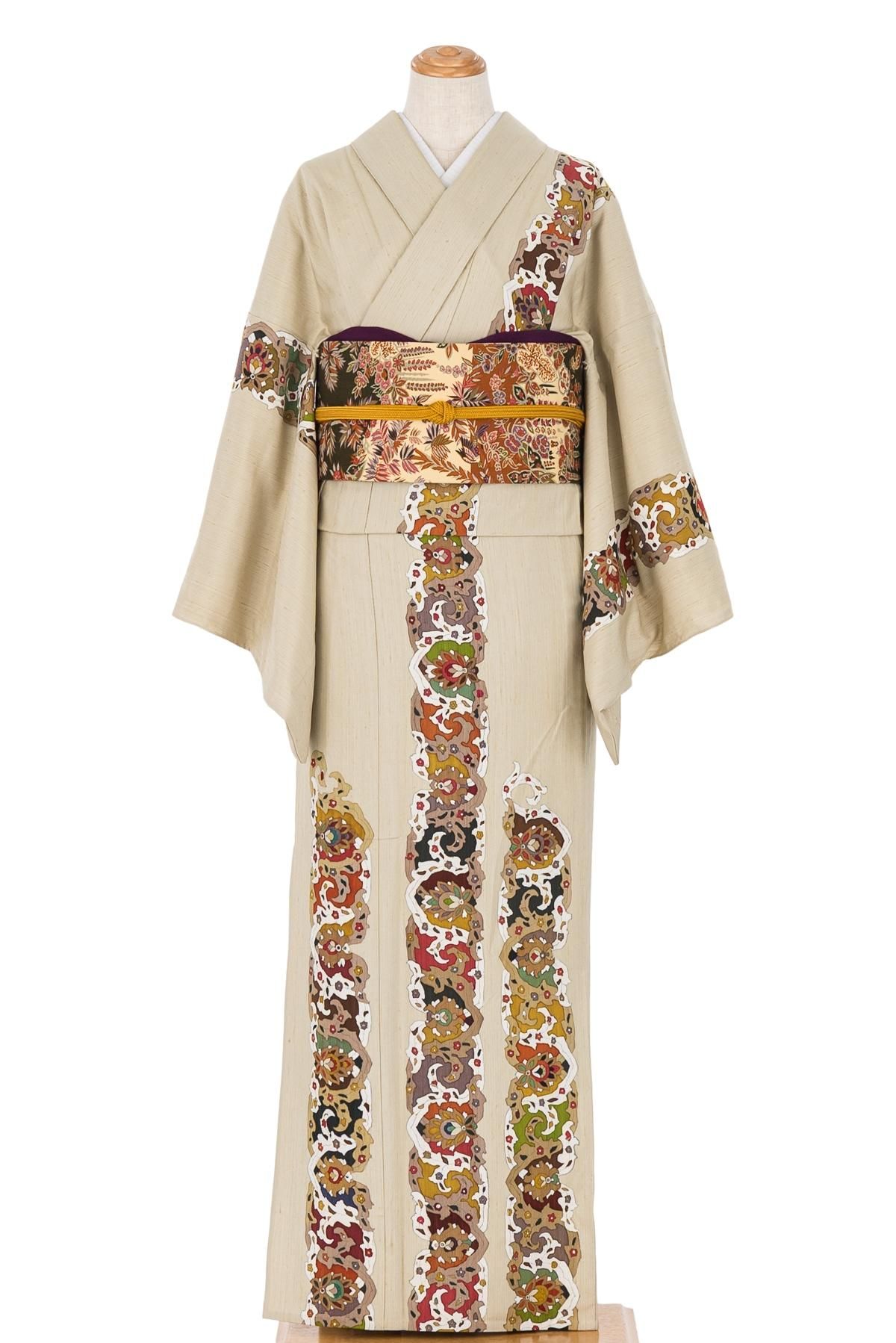 訪問着 作家もの 単衣 金彩 波地紋 波模様 リーフ模様 着物 084a p