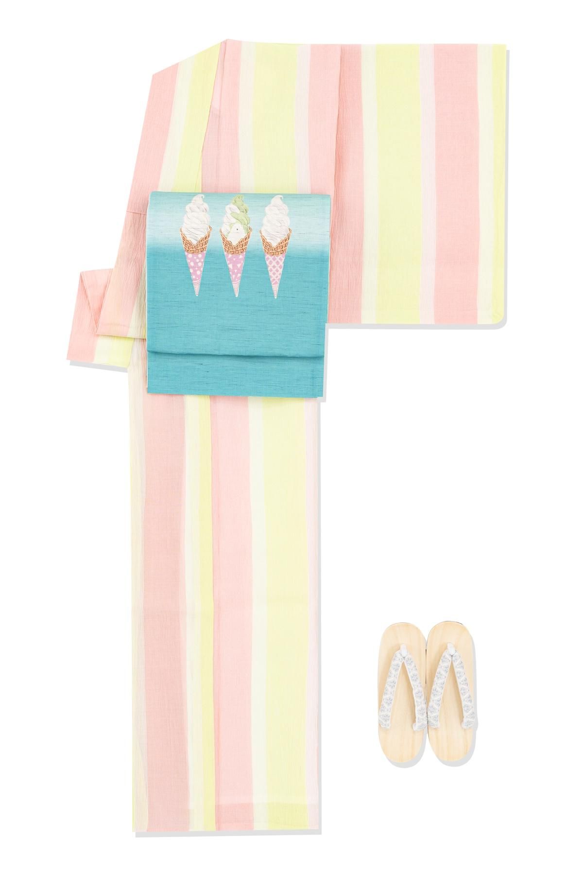 新品 小千谷縮 縞 桃色×黄色 - からん::アンティーク着物