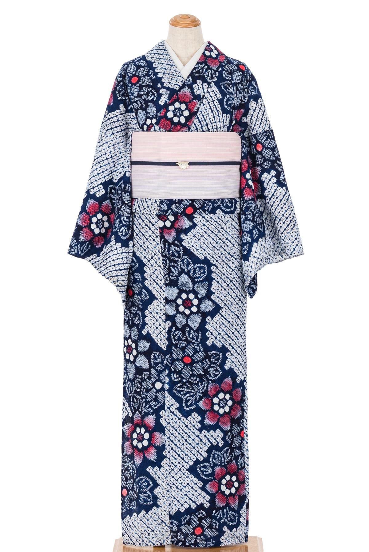 浴衣 絞り 検) 有松絞り 浴衣 着物 アンティーク着物 有松絞り浴衣 草花模様 - からん::アンティーク着物・リサイクル