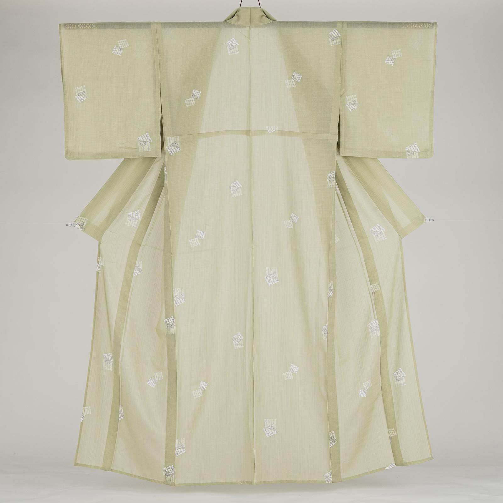 Y3135◆美品 洗える夏着物 紗 源氏香 小紋 新品 洗える夏着物 紗 源氏香 若葉色 - からん::アンティーク