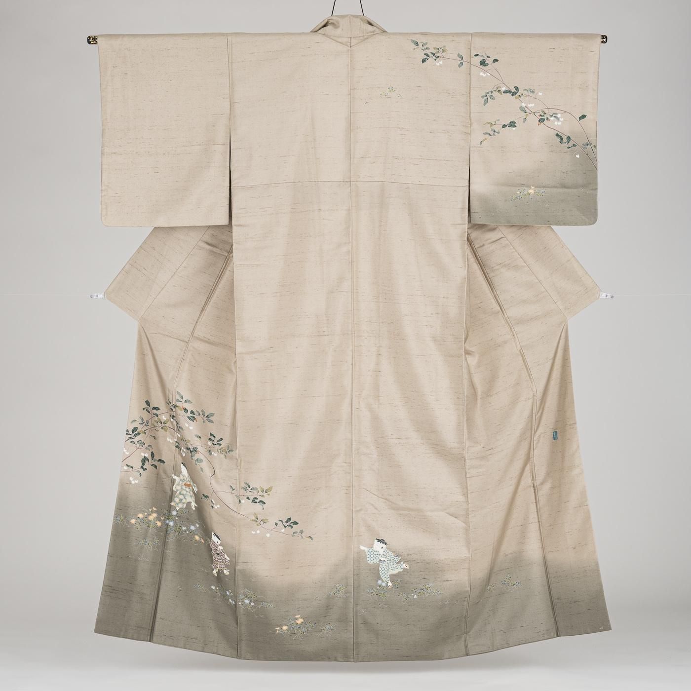 紬 訪問着 枝花の下で遊ぶ子供 作家物 - からん::アンティーク着物