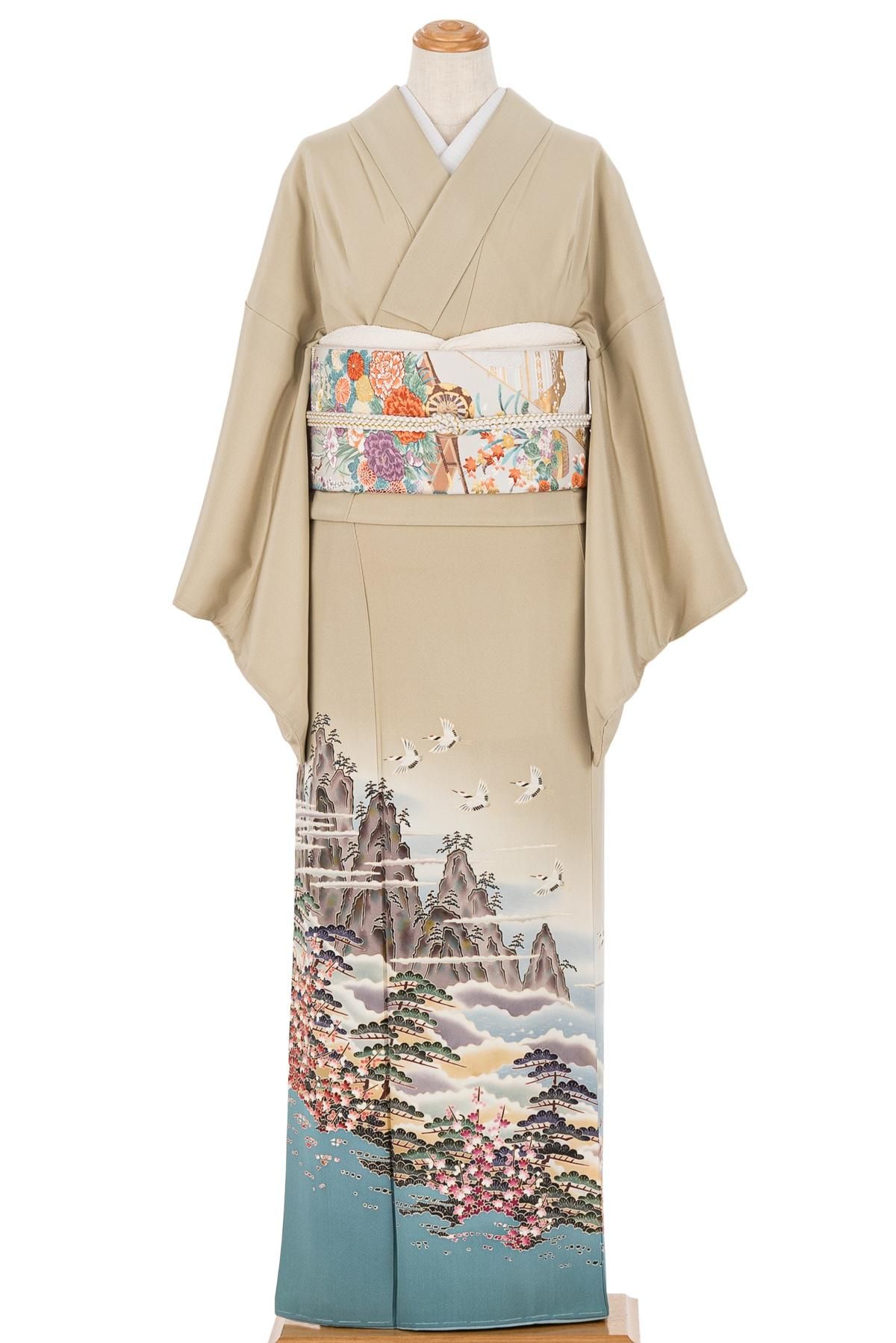 色留袖　一つ紋　鶴の友禅着物 色留袖 本場加賀友禅 一つ紋 梅松に群鶴 - からん::アンティーク着物