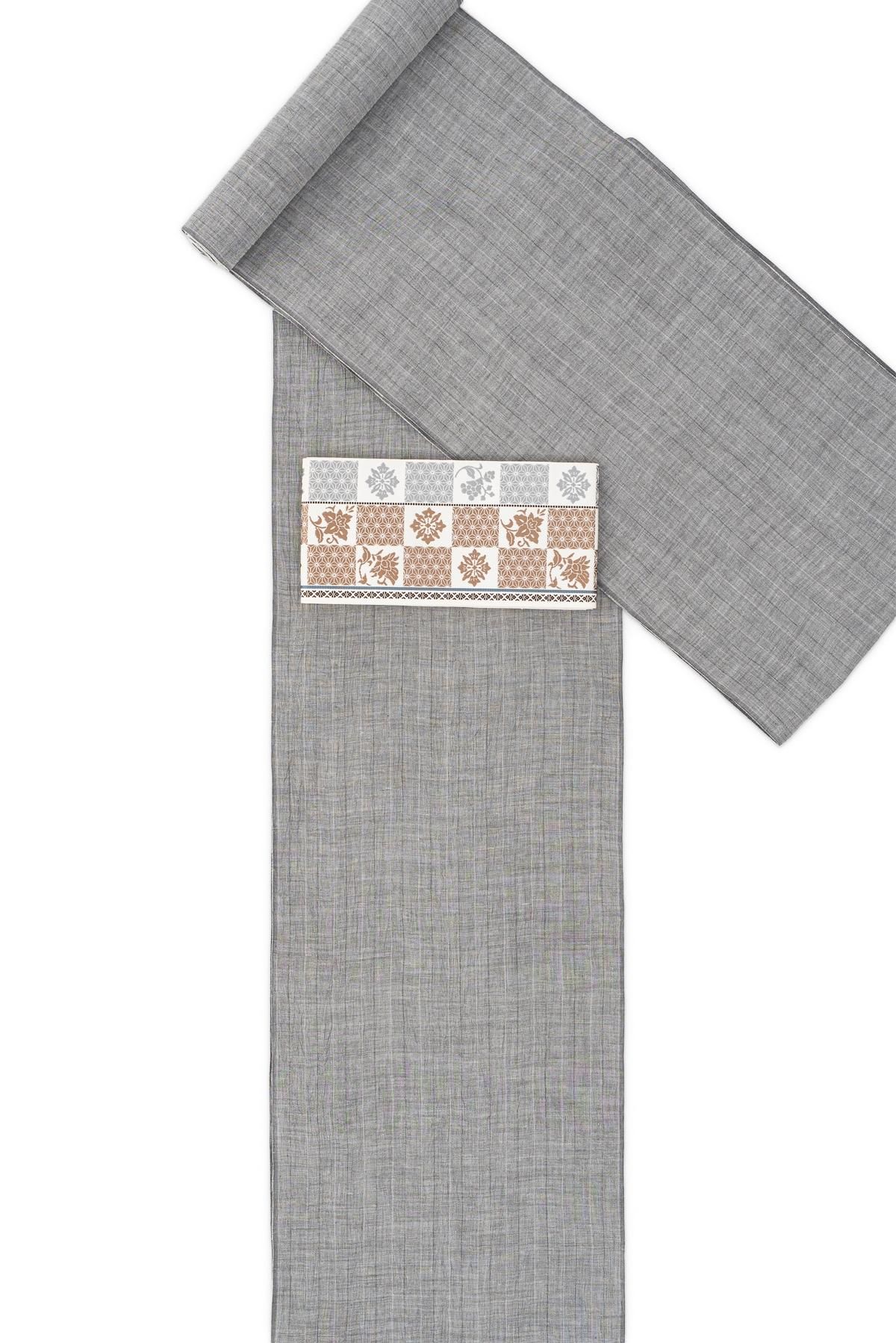 反物】新品 麻の着物 近江縮 鼠縞 - からん::アンティーク着物