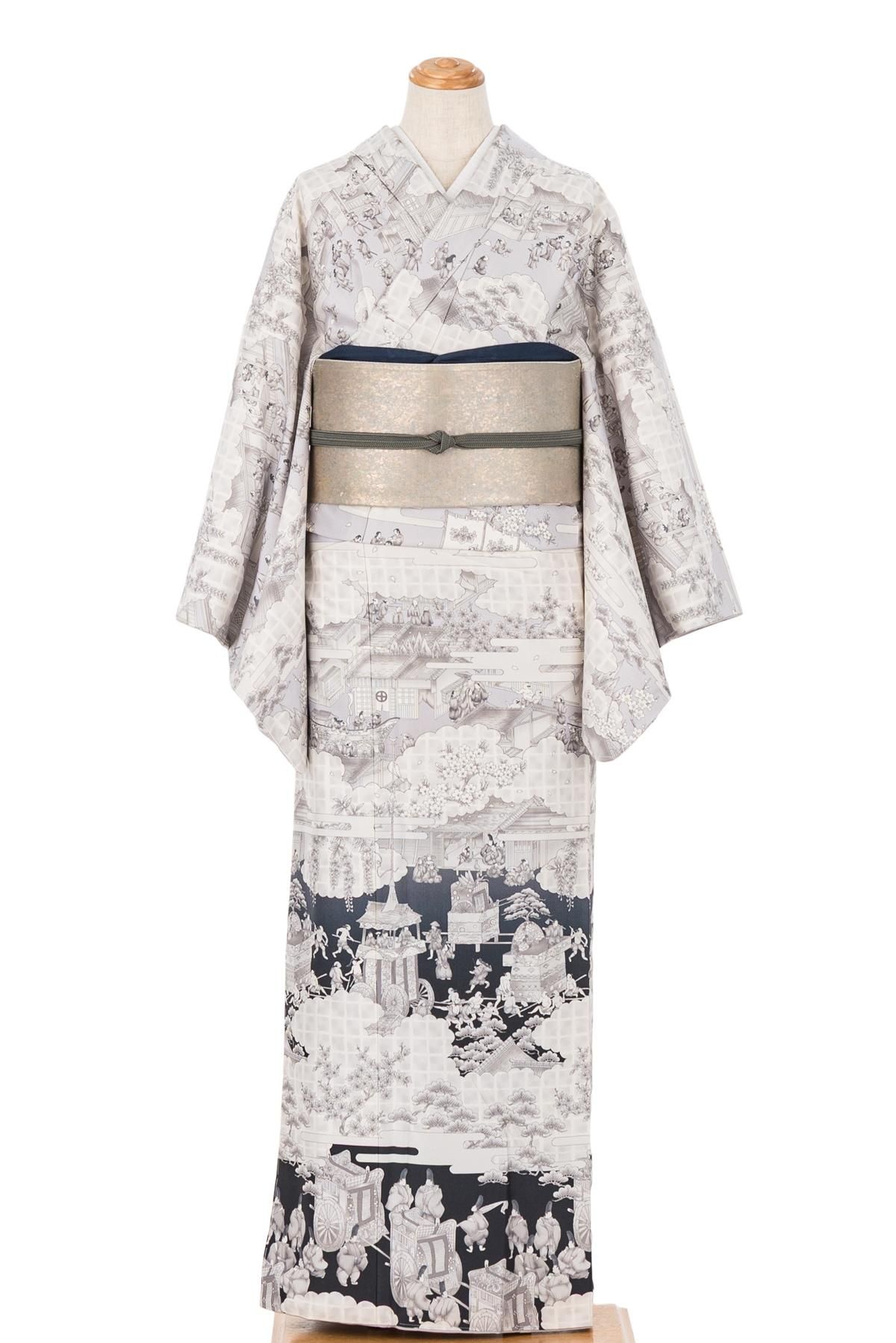 大島紬 一方付け 祇園祭風景 - からん::アンティーク着物・リサイクル