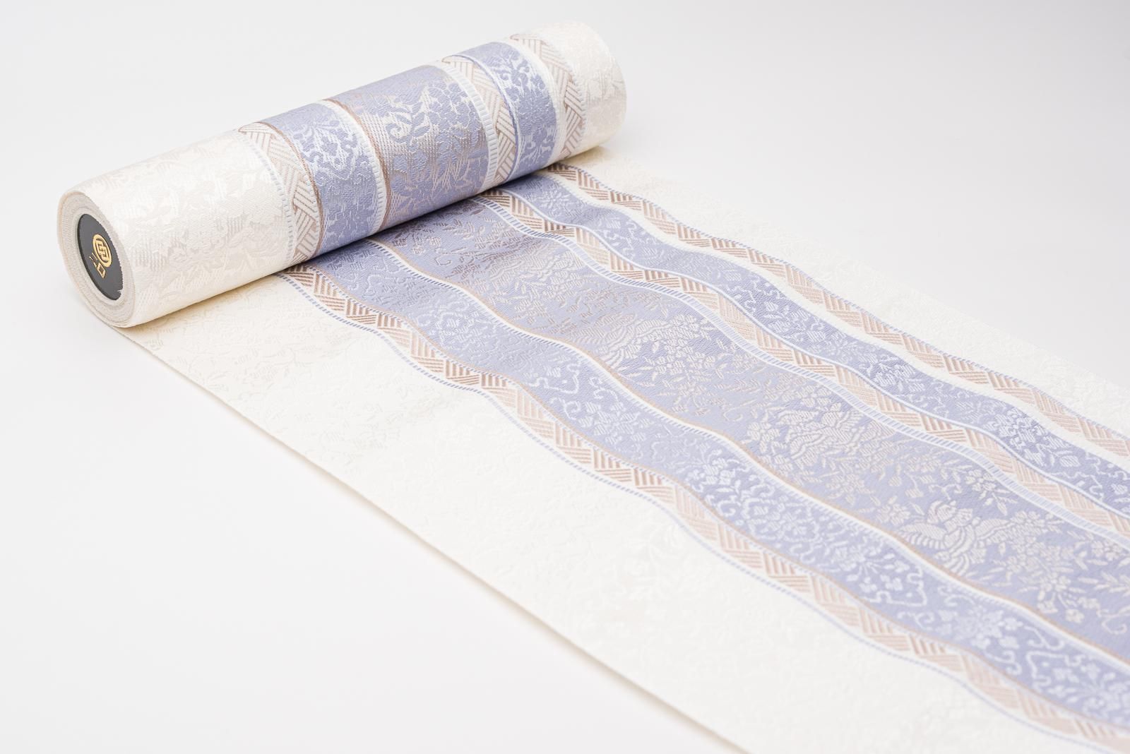 お仕立て付き】新品 博多八寸名古屋帯 黒穂間道 花鳥 藤色