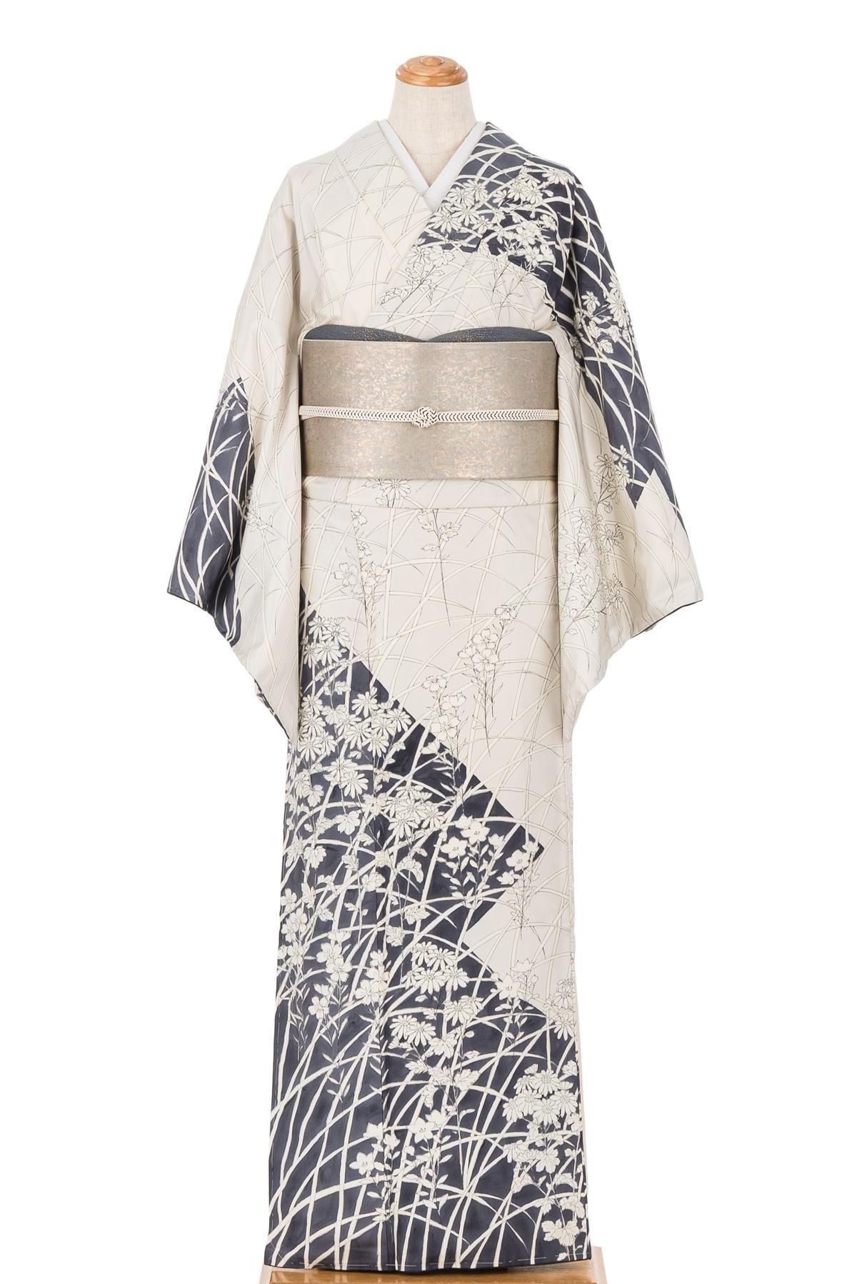 大島紬 訪問着 秋草模様 - からん::アンティーク着物・リサイクル着物