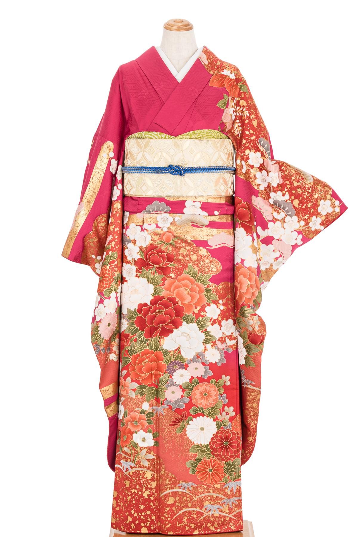 アンティークマゼンタピンクの着物単品 アンティーク着物 小紋 s size マゼンタピンク 桜づくし 銀糸 縞