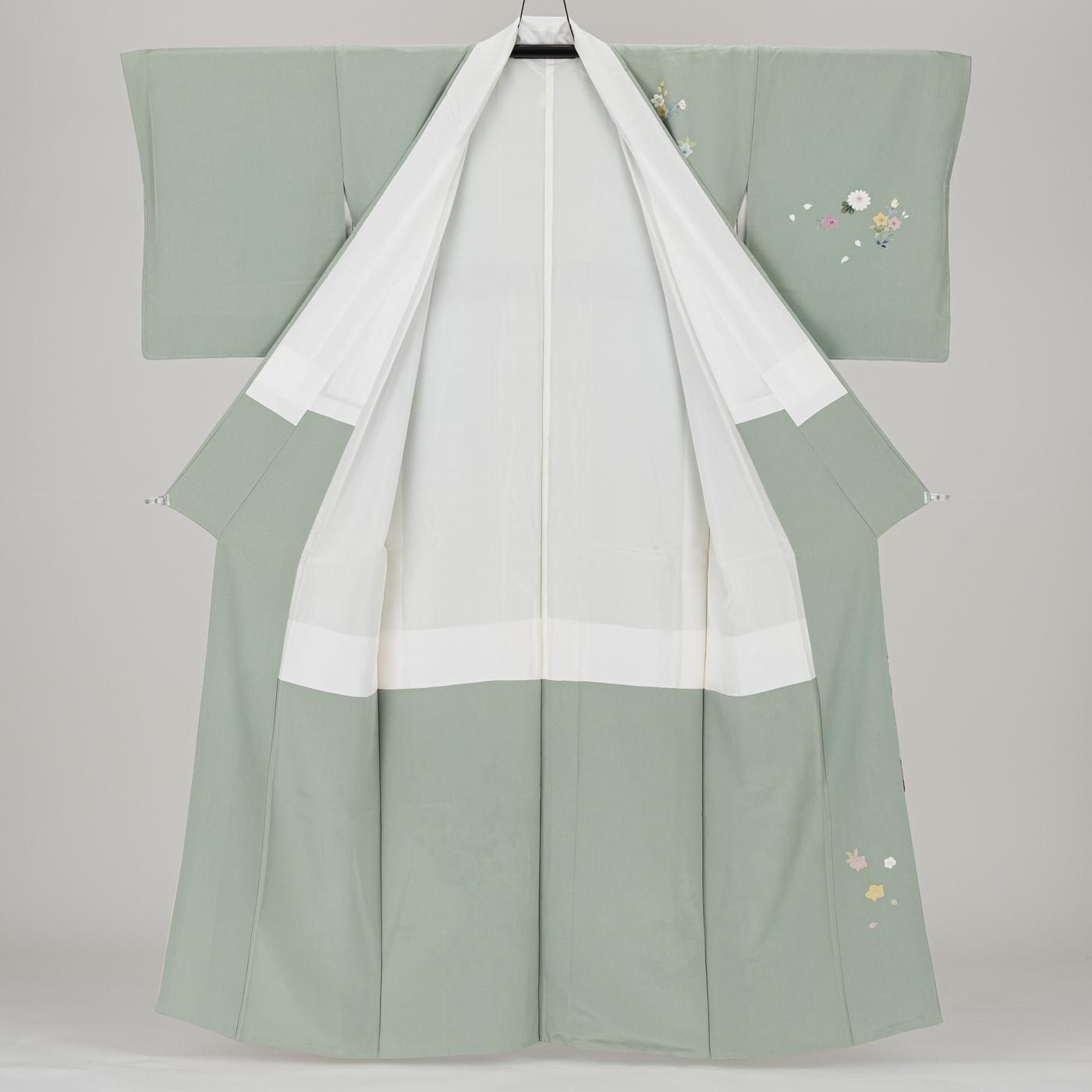 【手描き】紬の訪問着　花草柄　袷　一つ紋 銀座【B-3701】訪問着 焦茶色 破れ色紙に花唐草文 :身丈162/裄69