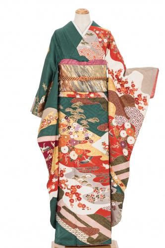 【着】19993o 振袖　雪輪に鳥　古典花模様　正絹　昭和レトロ　リサイクル着物 着】19993o 振袖 雪輪に鳥 古典花模様 正絹 昭和レトロ