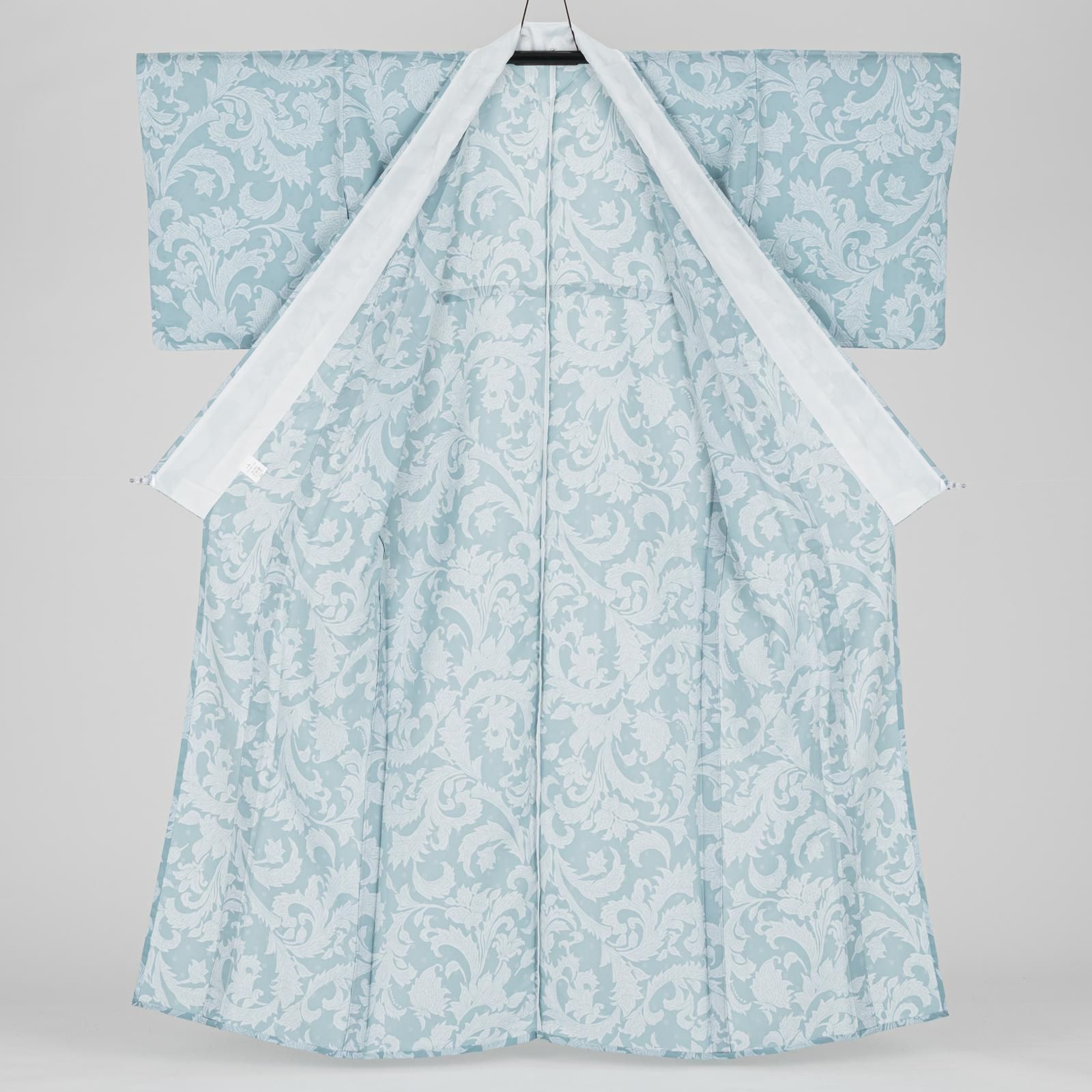 新品 単衣 唐花 着物 仕付け糸付”唐花が咲き誇る、清楚な気品”お召 6131 新品 単衣 唐花 着物 仕付け糸付”唐花が咲き誇る、清楚な気品”お召