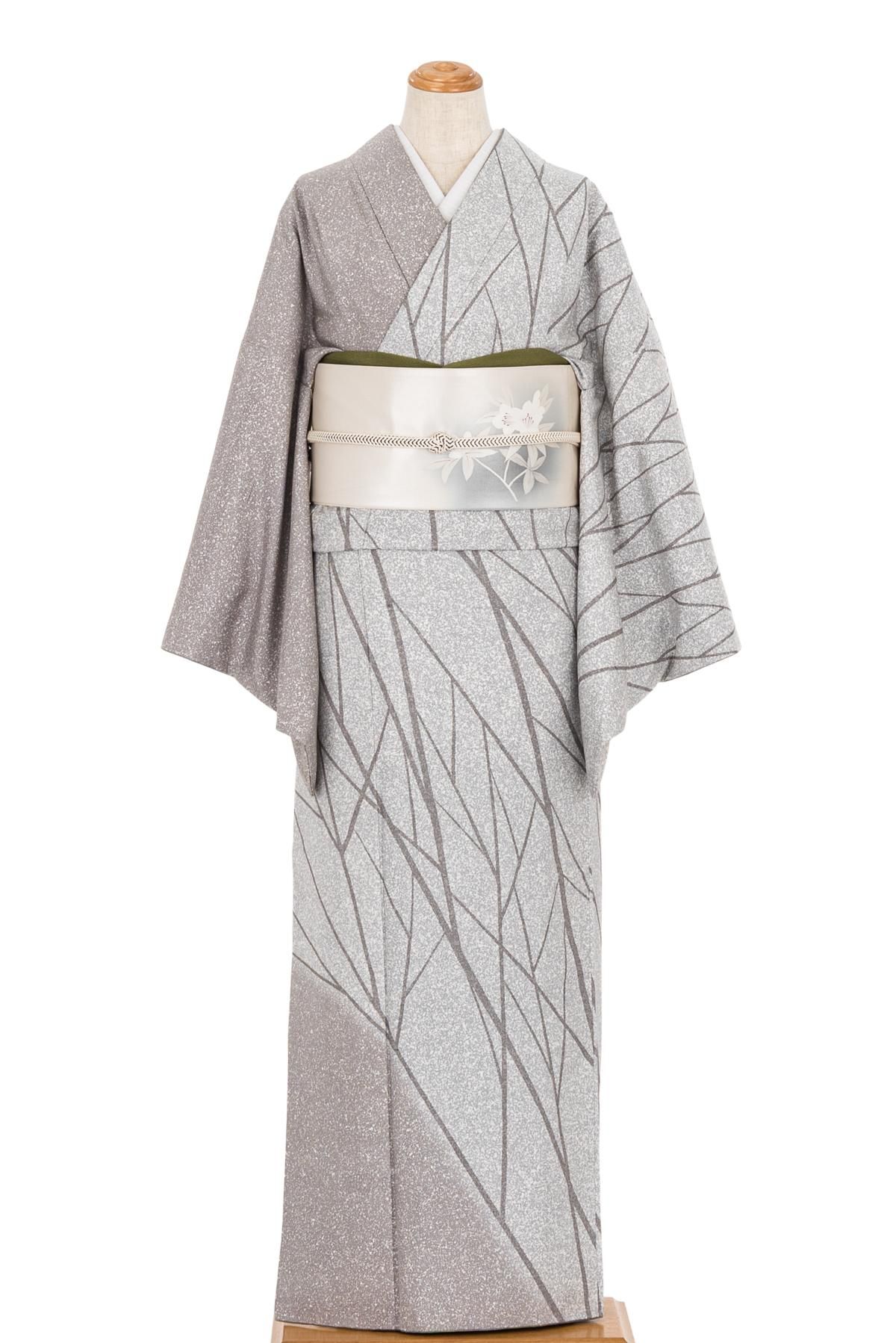 紬 訪問着 樹木模様 作家物 裄長 - からん::アンティーク着物