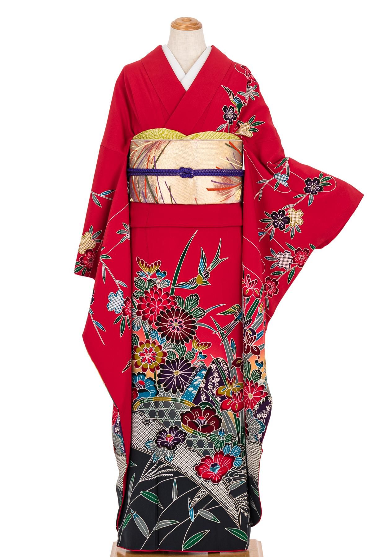 振袖 京紅型 花鳥模様 - からん::アンティーク着物・リサイクル