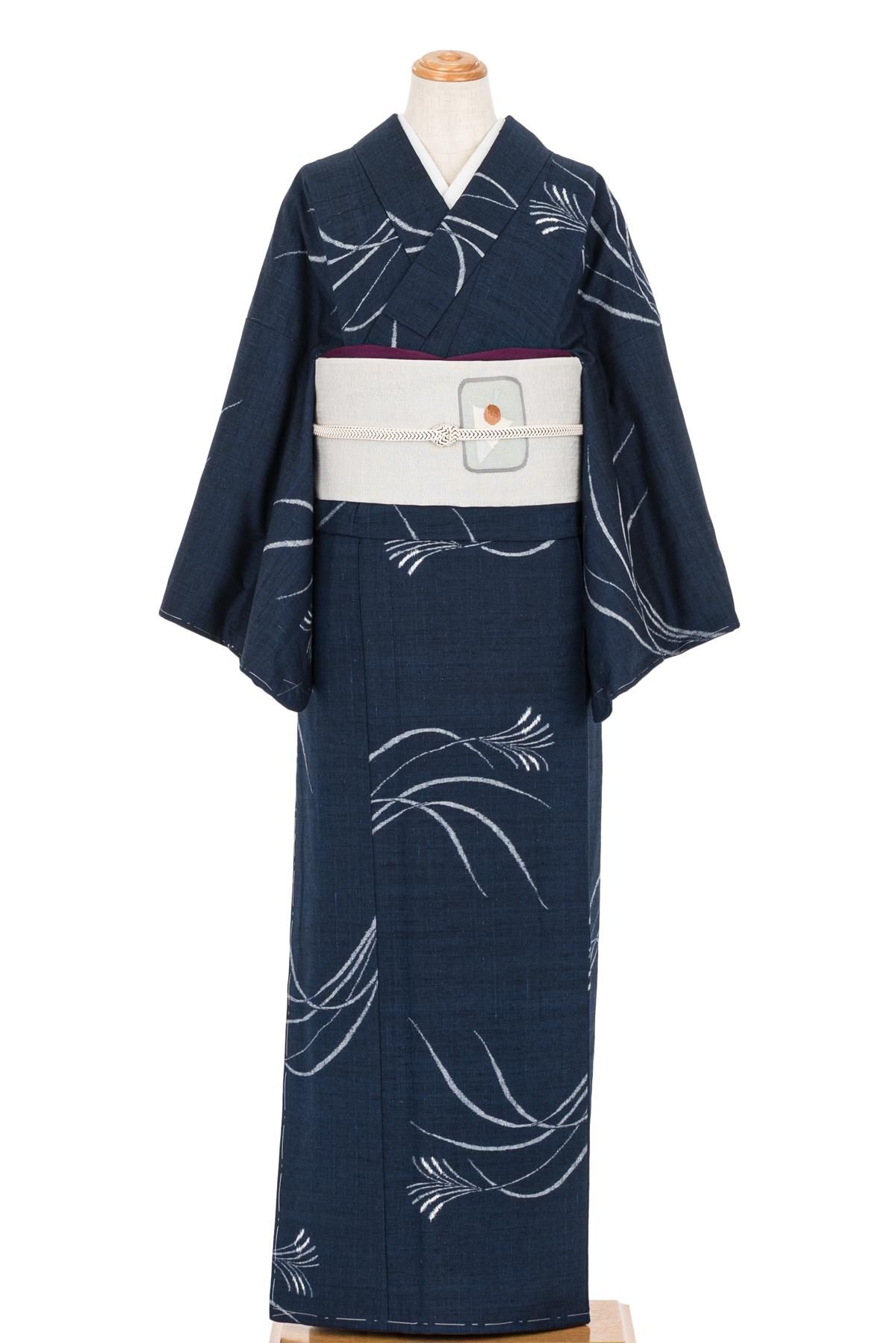 紬 紺地にススキ - からん::アンティーク着物・リサイクル着物の