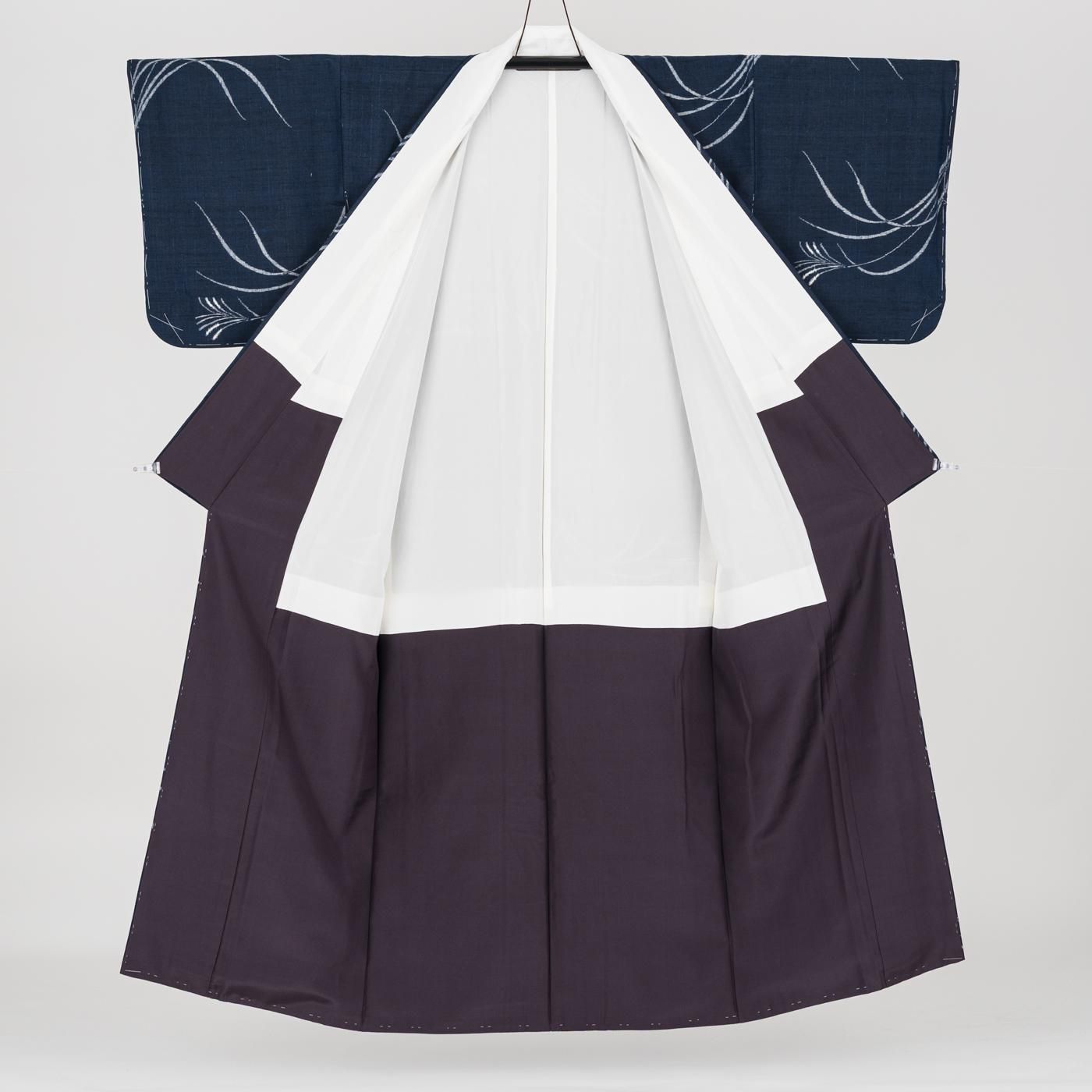 紬 紺地にススキ - からん::アンティーク着物・リサイクル着物の