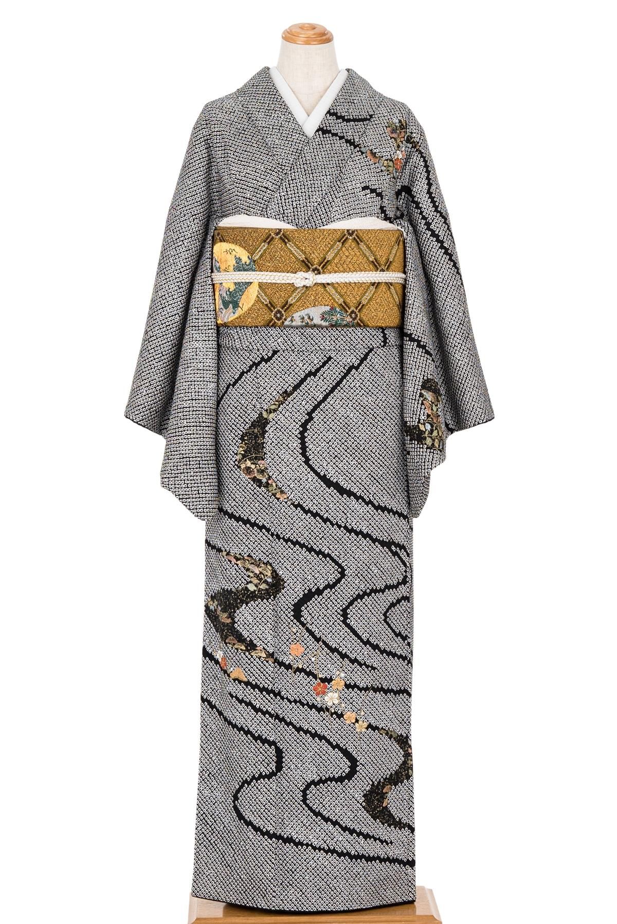 訪問着 総絞り 流水に花刺繍 - からん::アンティーク着物・リサイクル