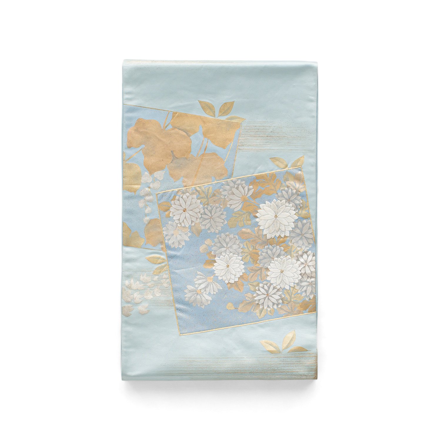 袋帯●水色の地　枠に菊花　刺繍